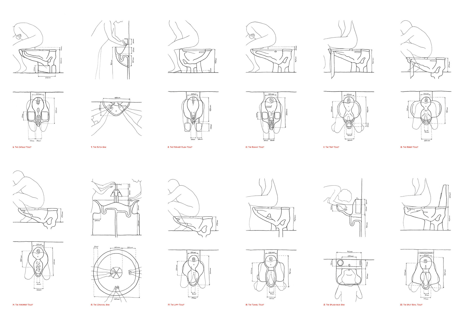 Illustrations of bathroom sinks and toilets with dimensions   