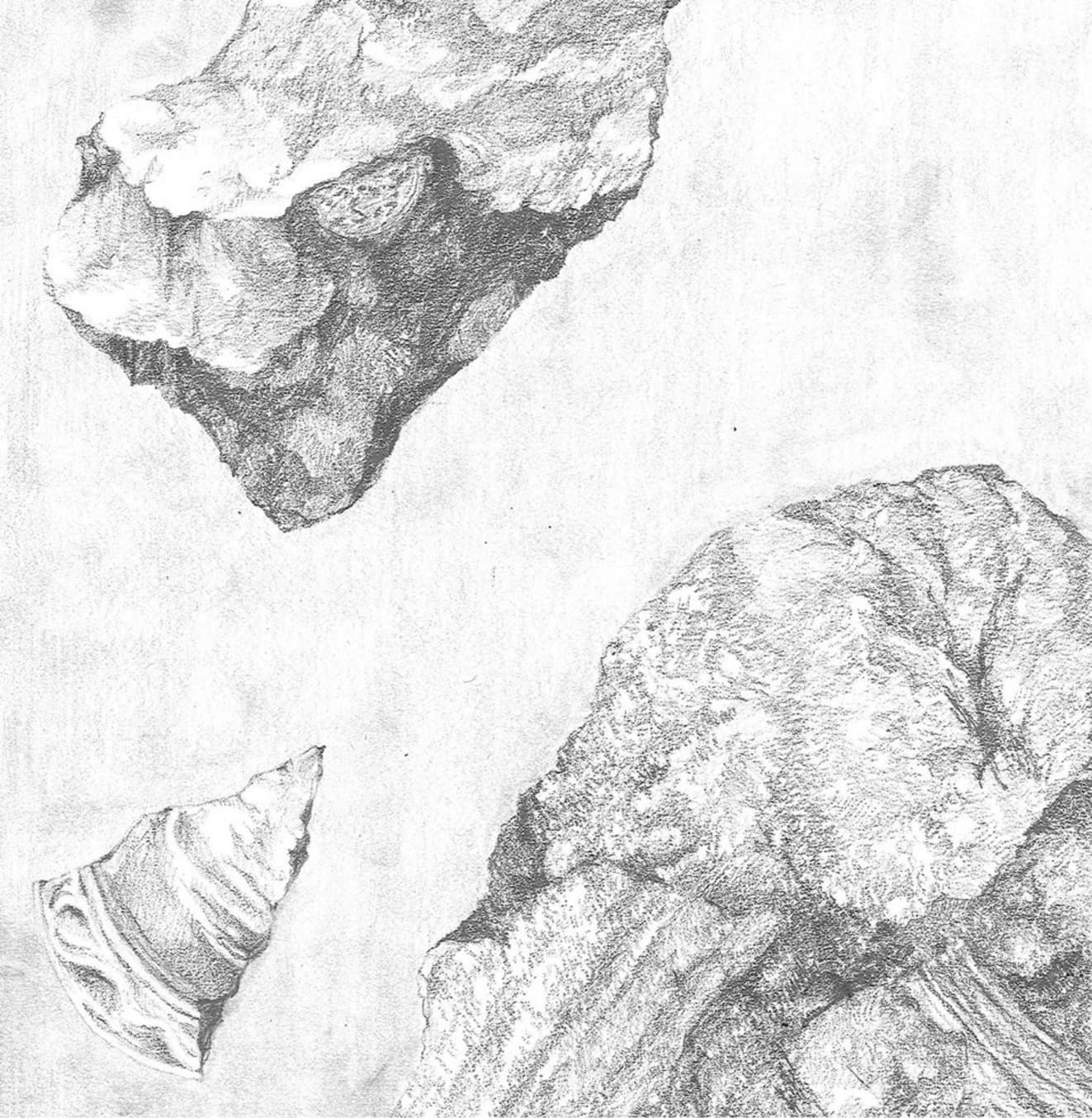 pencil sketch illustration of stones and archaeological artifacts