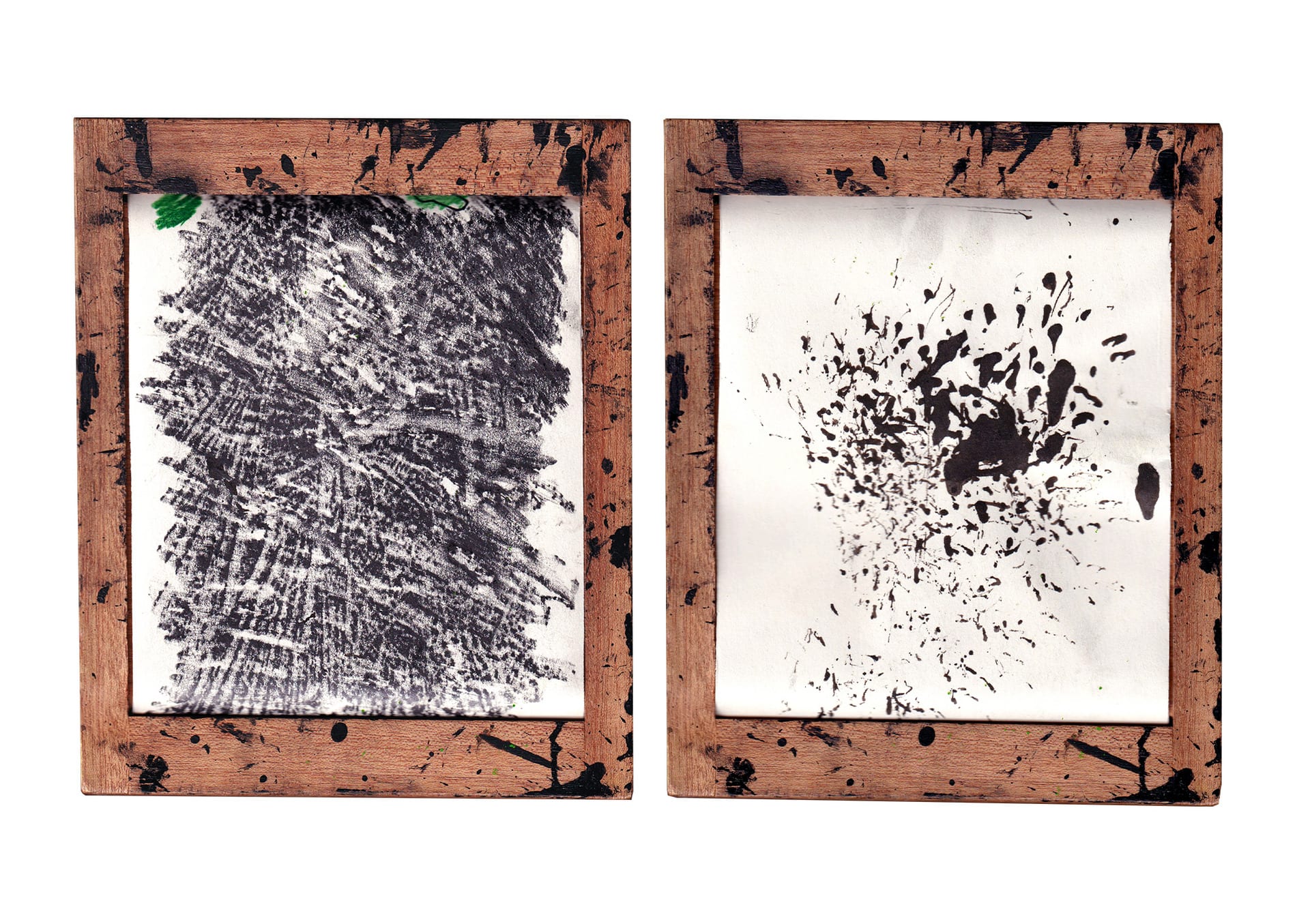 Two scans of a scroll show marks made by rubbing tree bark with graphite. A black paint splatter is created by dancing leaves