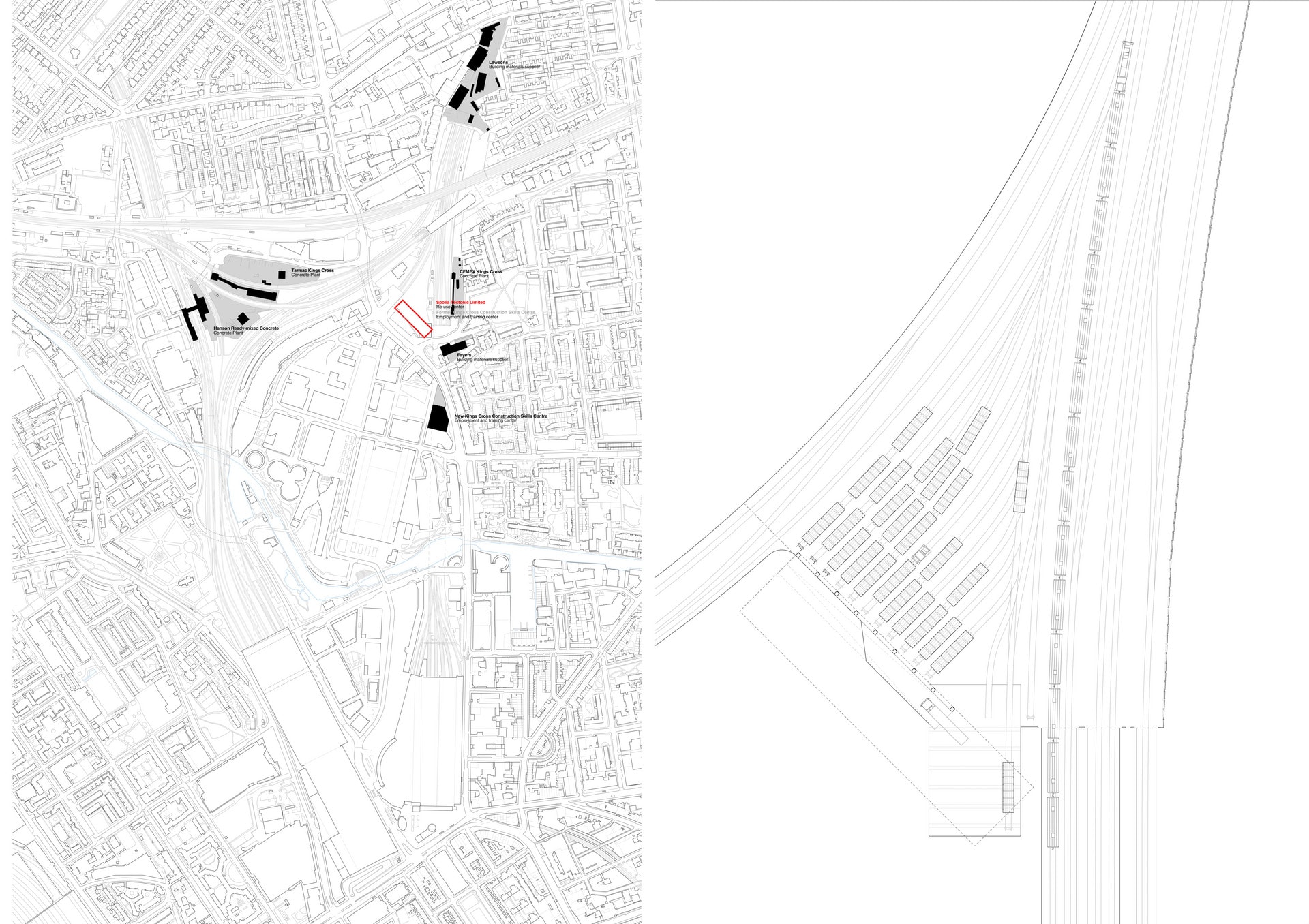 Site plan - King's Cross, the existing infrastructure that sustains construction, and the connection to road and rail network