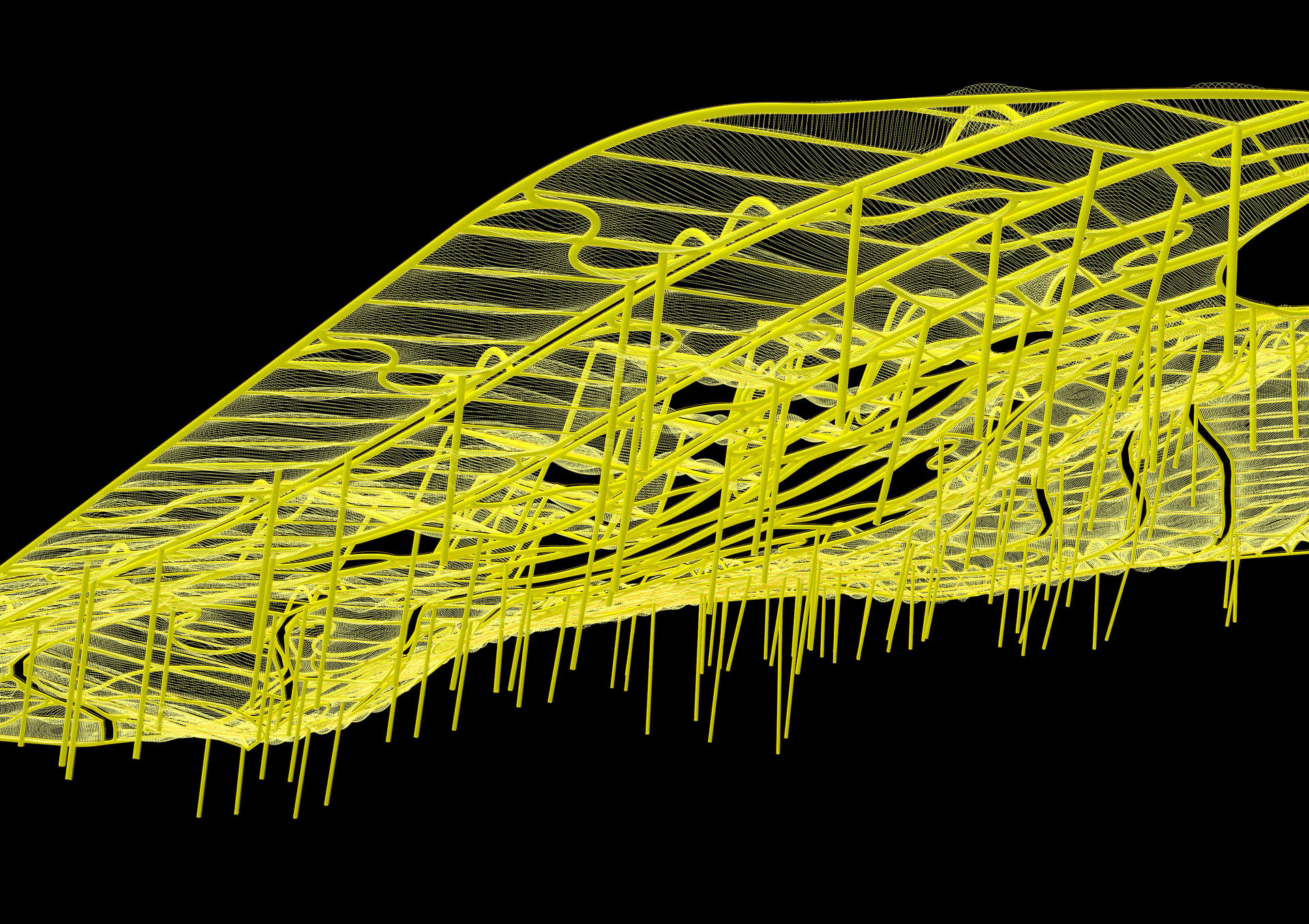 Perspectival view of yellow steel canopy with fritted ETFE pillows