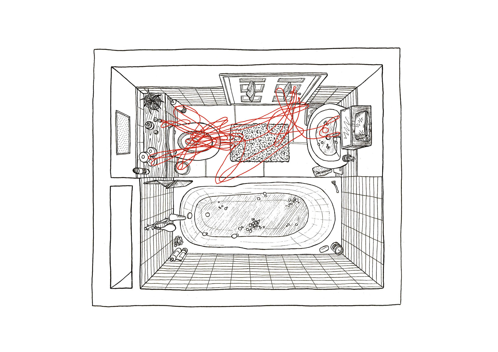 Illustration showing movements when using private bathroom and its enclosed devices when menstruating 