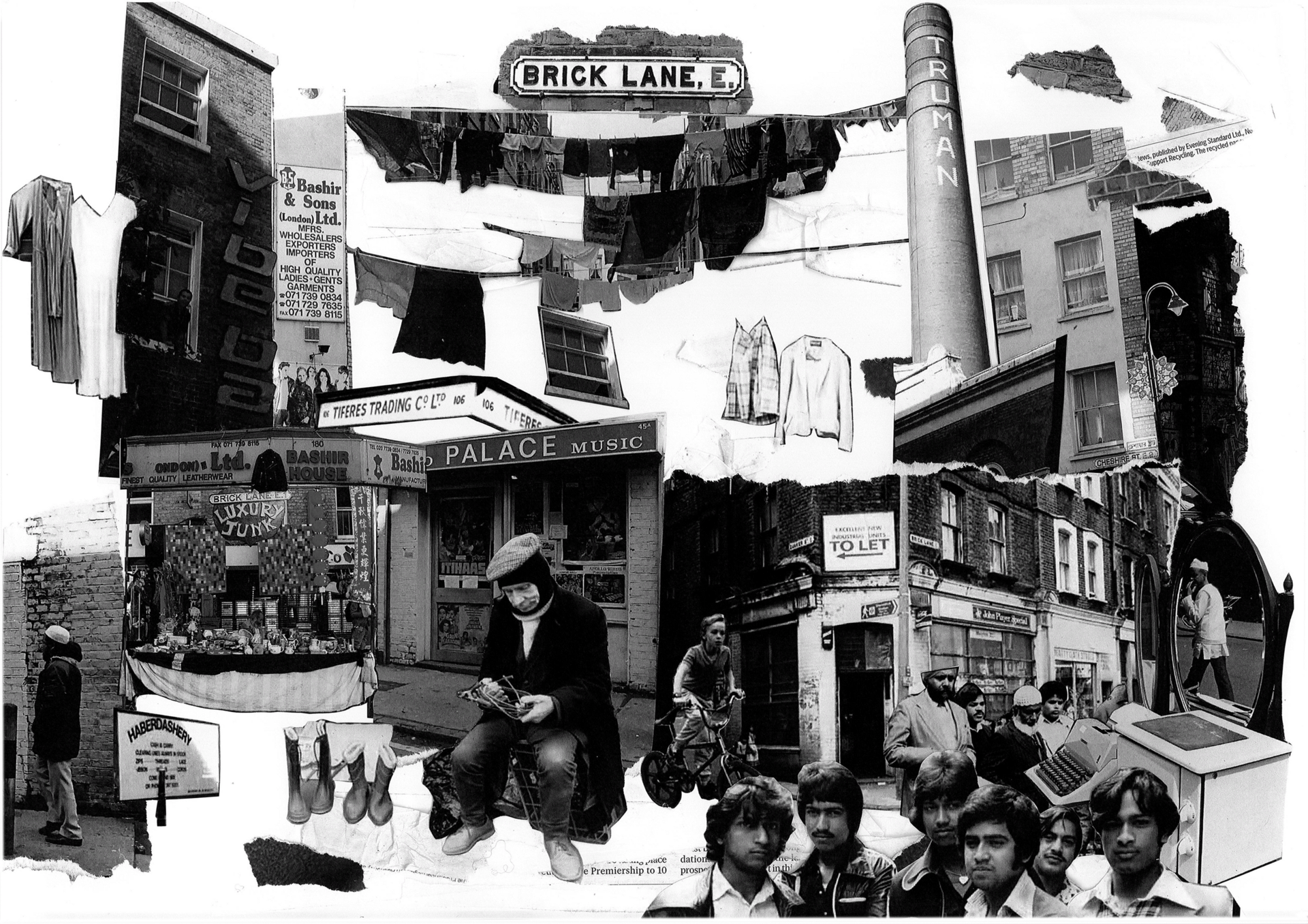 a collage of paper cut outs of bangladeshi children posing next to brick lane landmarks some of the images are modern some not.