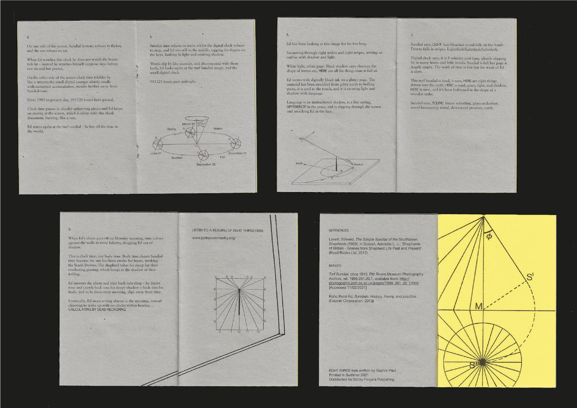 A collection of spreads from Eight Things laid out on a black background