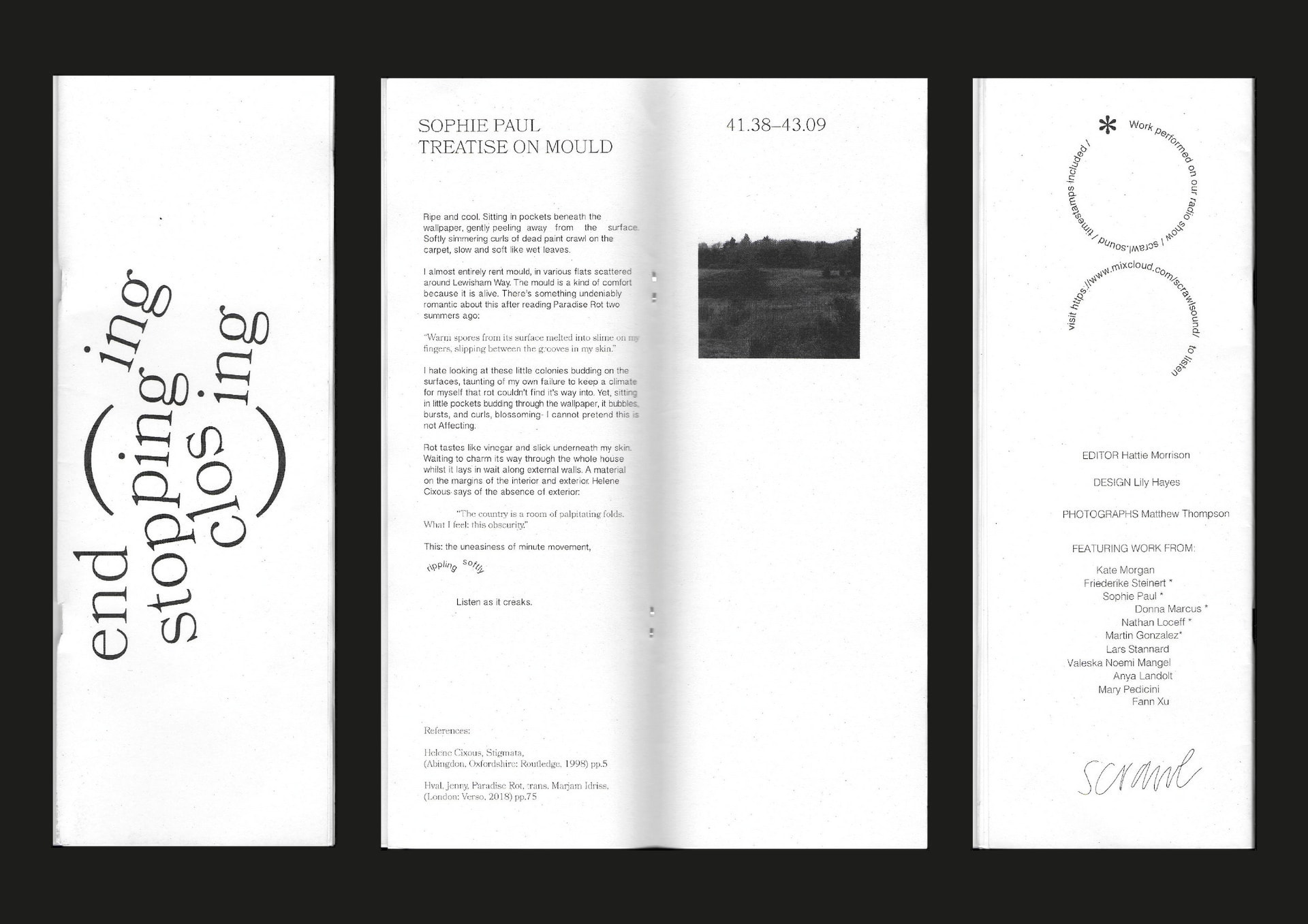 The front and back covers and inside spread from a publication called 'ending stopping closing' on a black background. 