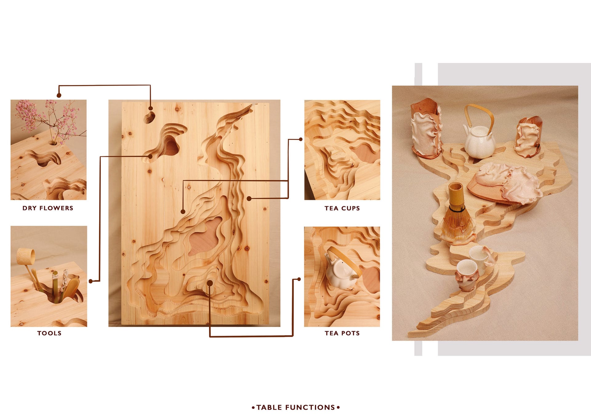 The yang table, Different areas correspond to different functions. The tiny hole is for flower arrangement, Next to it, is the space for wooden tools. There are tea pads on both sides of the main tank