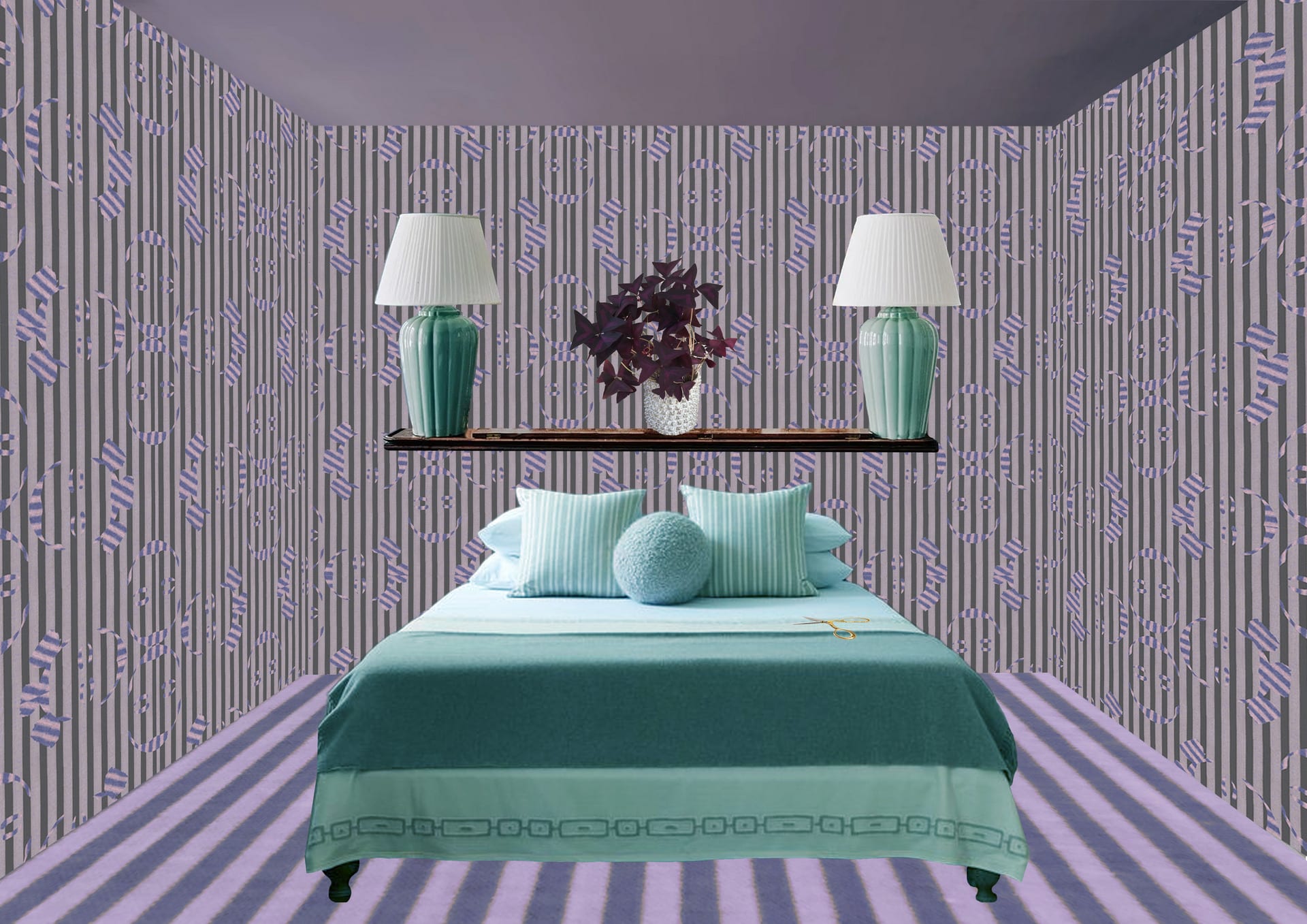 a photoshop collage of a room with striped wallpaper and carpet. There is a bed a shelf with 2 lamps and an oxalis plant