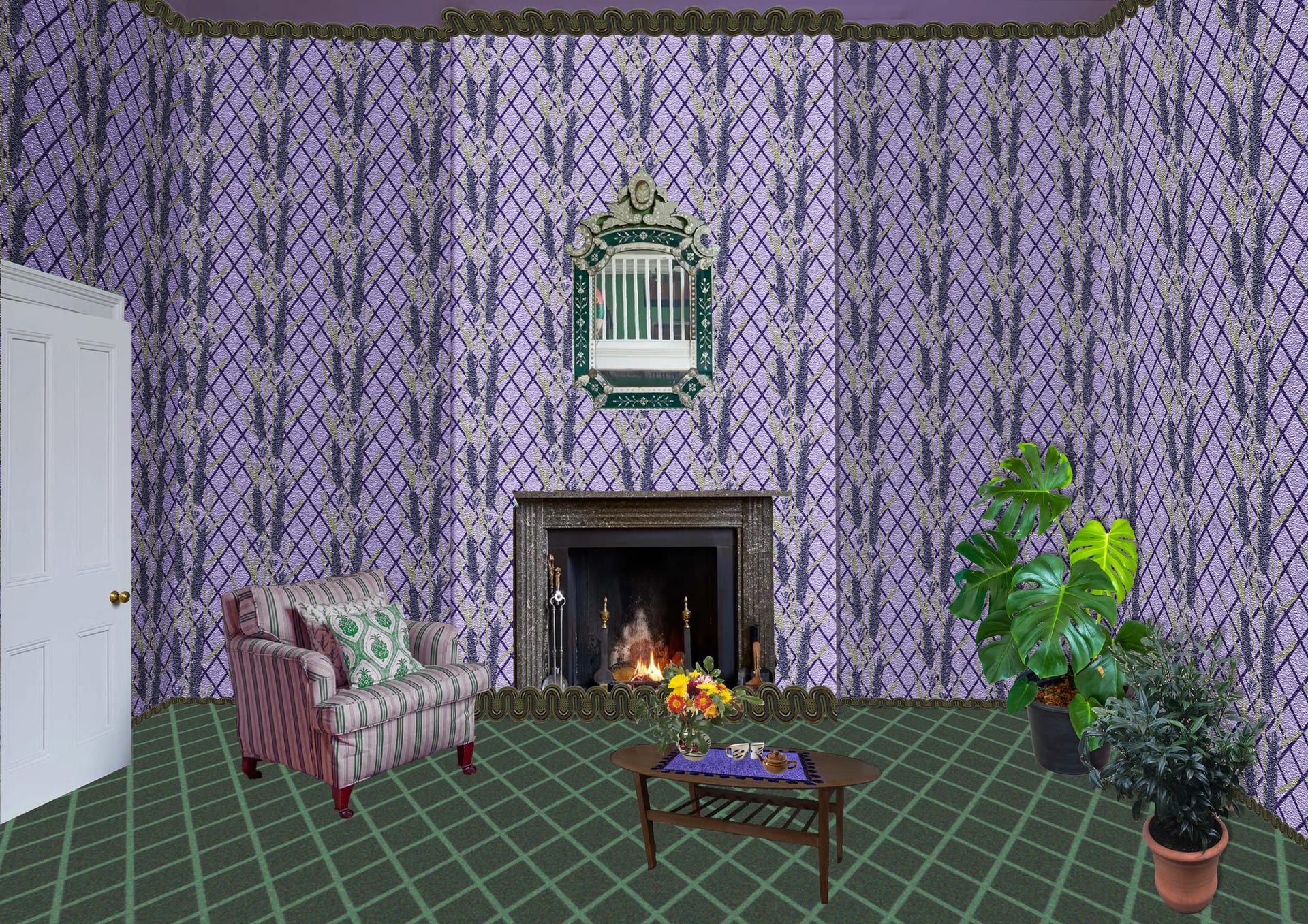 photoshop collage room with lavender printed wallpaper, a fireplace, mirror and chair with plants in the corne