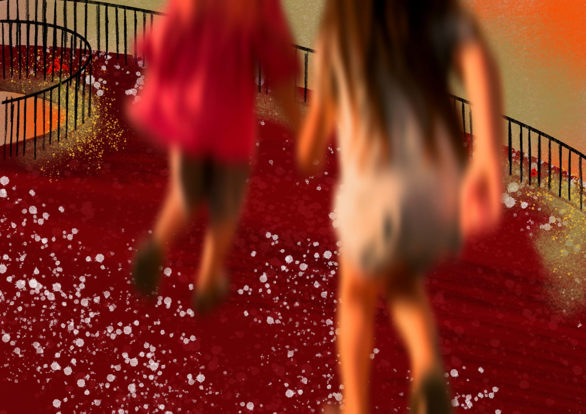 Two children on a red running track, running towards the distance. 