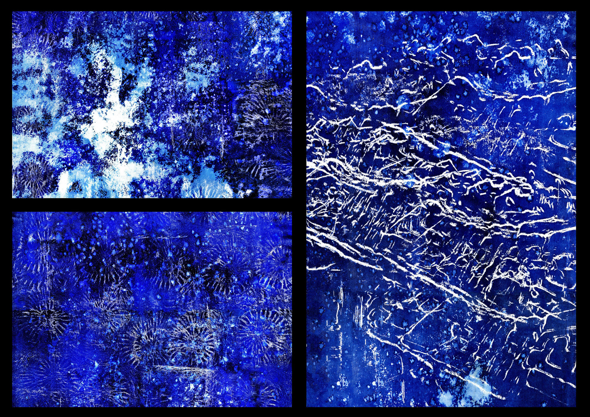 three abstract cyanotype images with blue, white and cyan colours