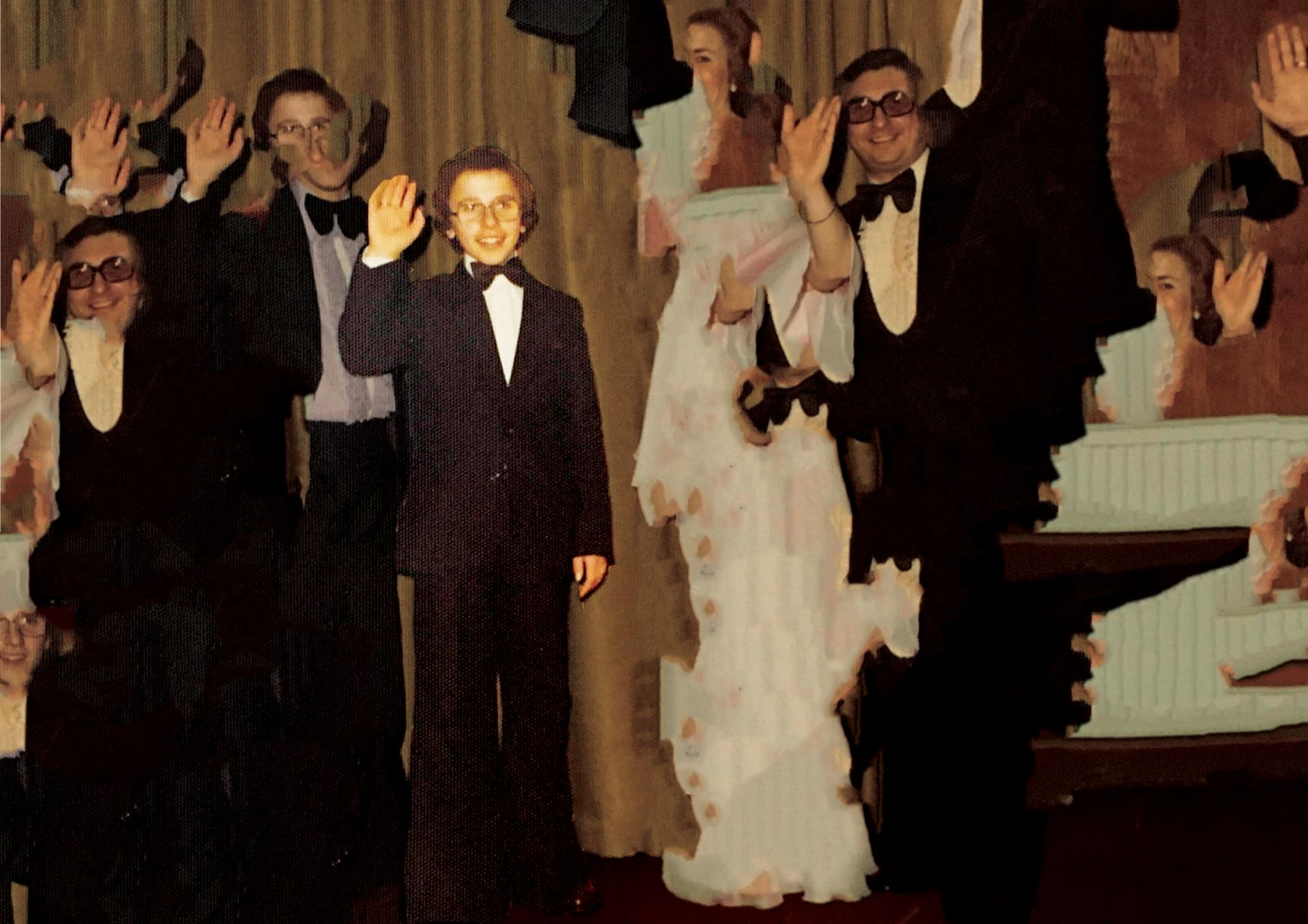 Distorted image of a 1970s family of two boys, a mother and father dressed formally and all waving. 