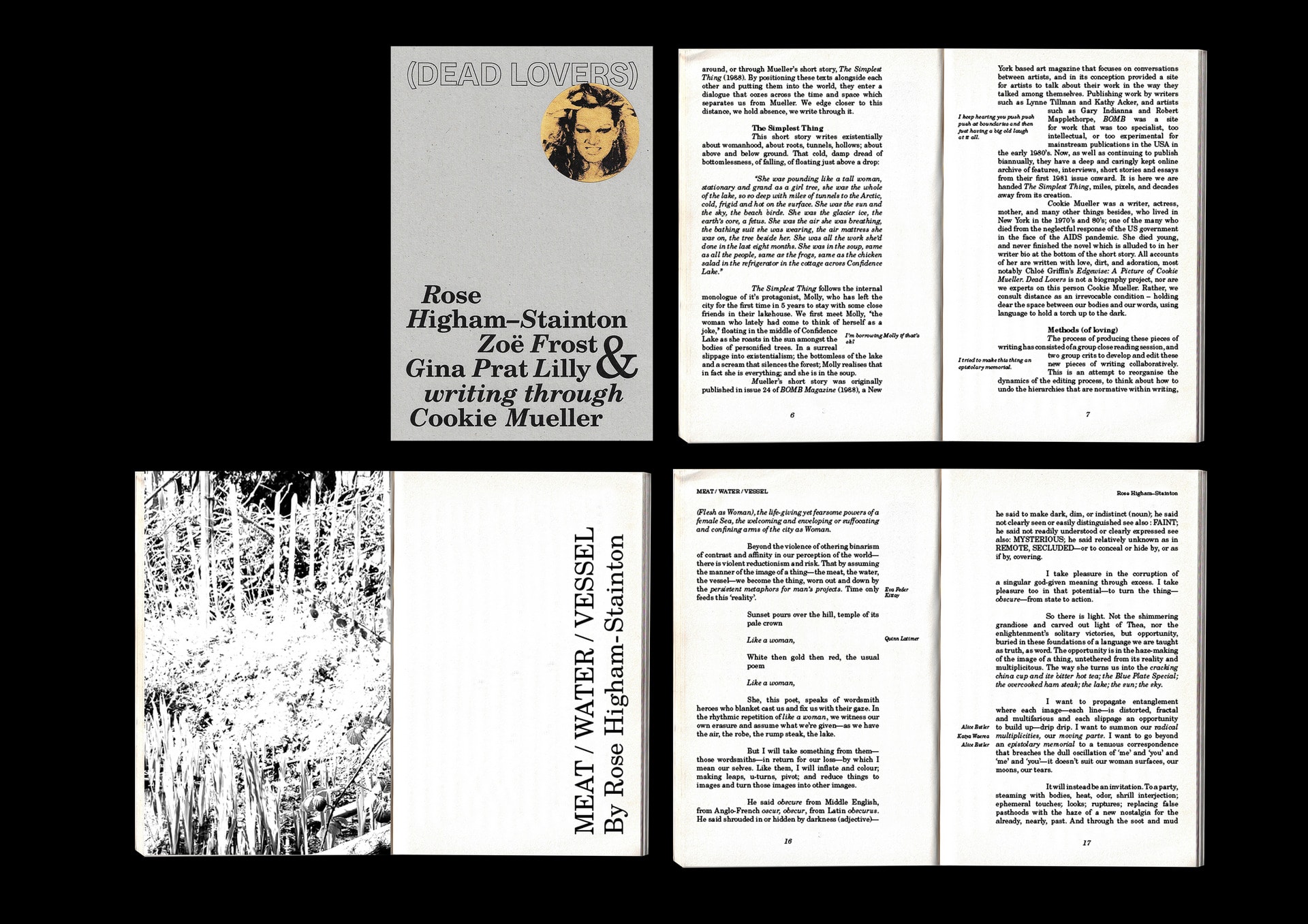 Front cover. Three open spreads of book. Black background. 