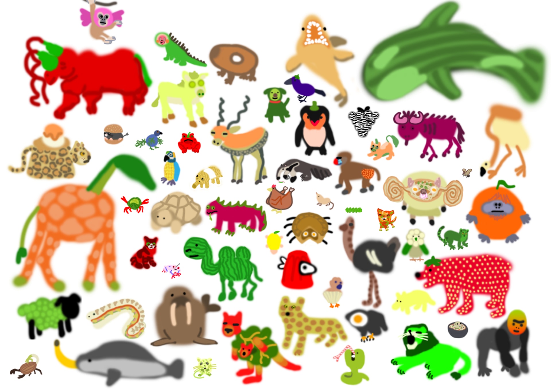 A digital drawing showing an illustration of every single Anibble, i.e Animals combined with food.