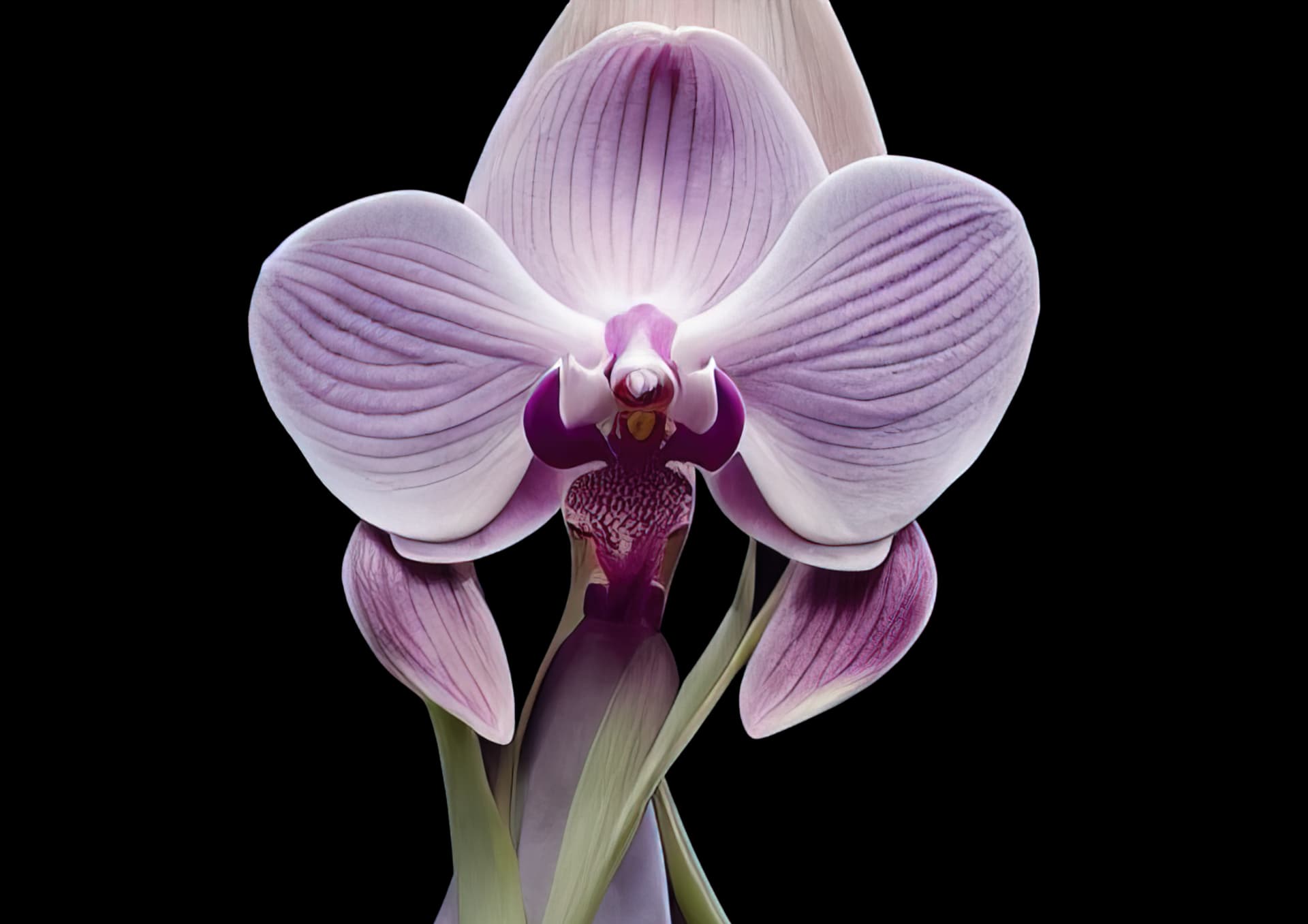 The purple orchid blooms enchantingly, exuding a captivating fragrance, with traces of humanity woven into its genetic makeup.