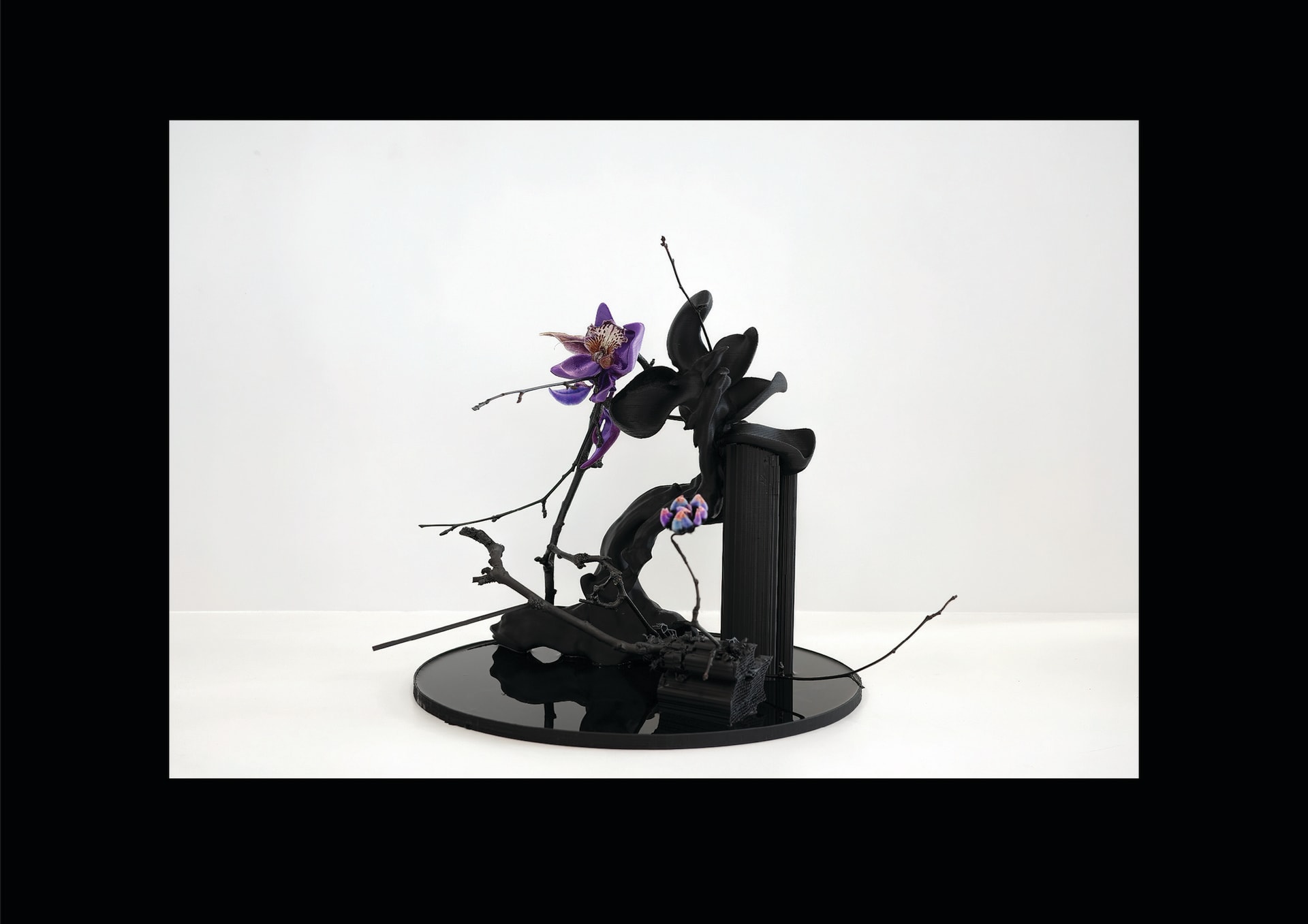 a purple flower sitting on top of a black stand, intricate 3 d sculpture, trending on artforum, fully chocolate