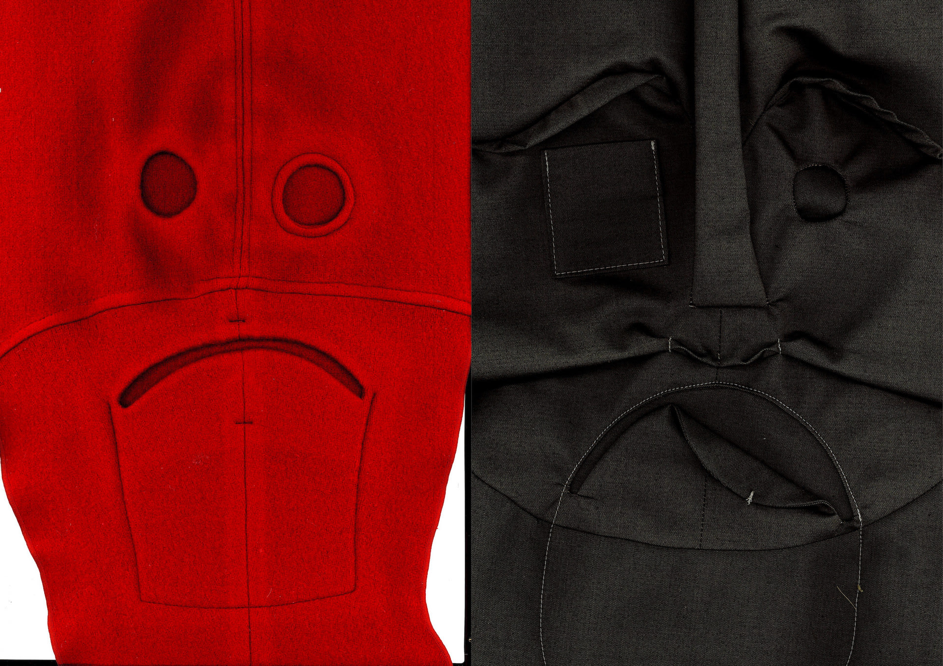Two sad pockets in red and dark grey.