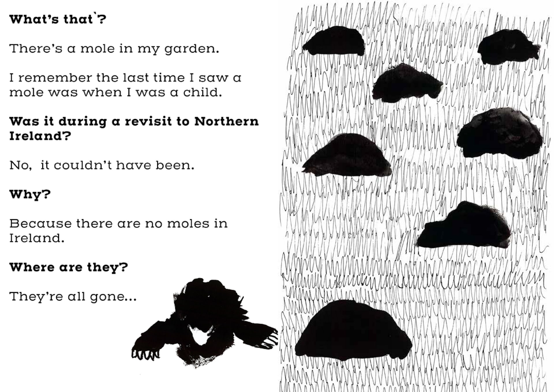 Page 1 of the zine. Contains below text and ink drawings of mole hills and a mole.