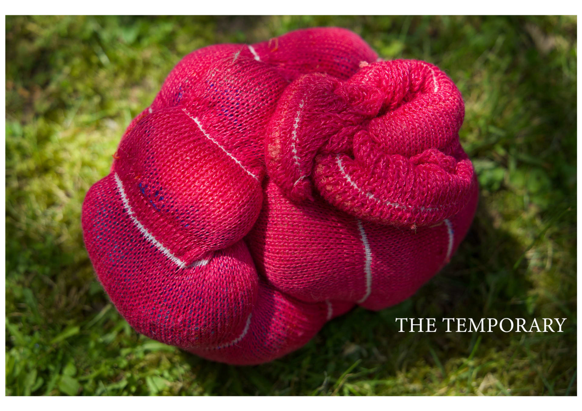 A coil of fuchsia pink knitting with white elastic stripes. Placed on some green grass. The text to the side reads The Temporary