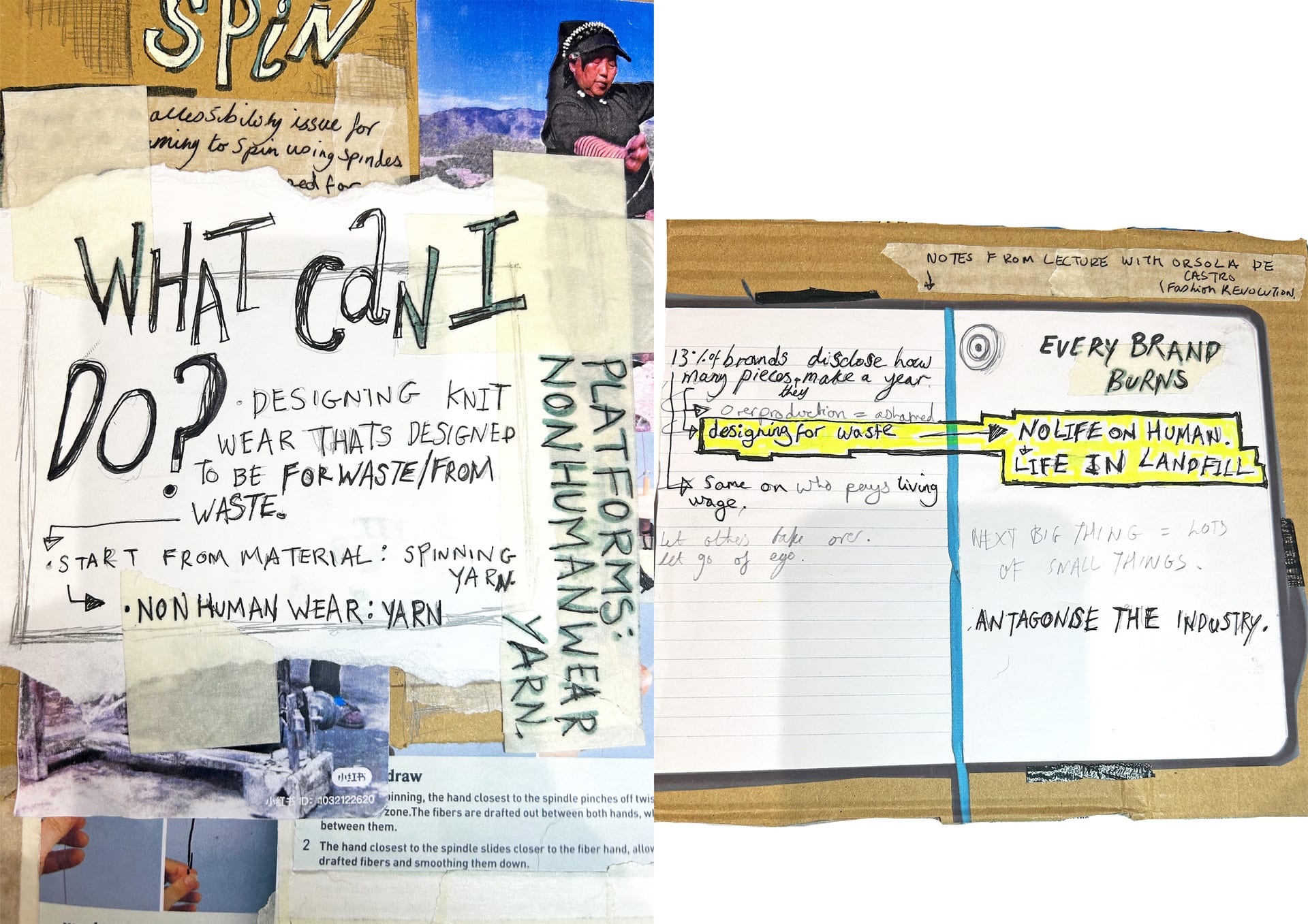 sketchbook page. left: full page of writing. Right: half page from notebook