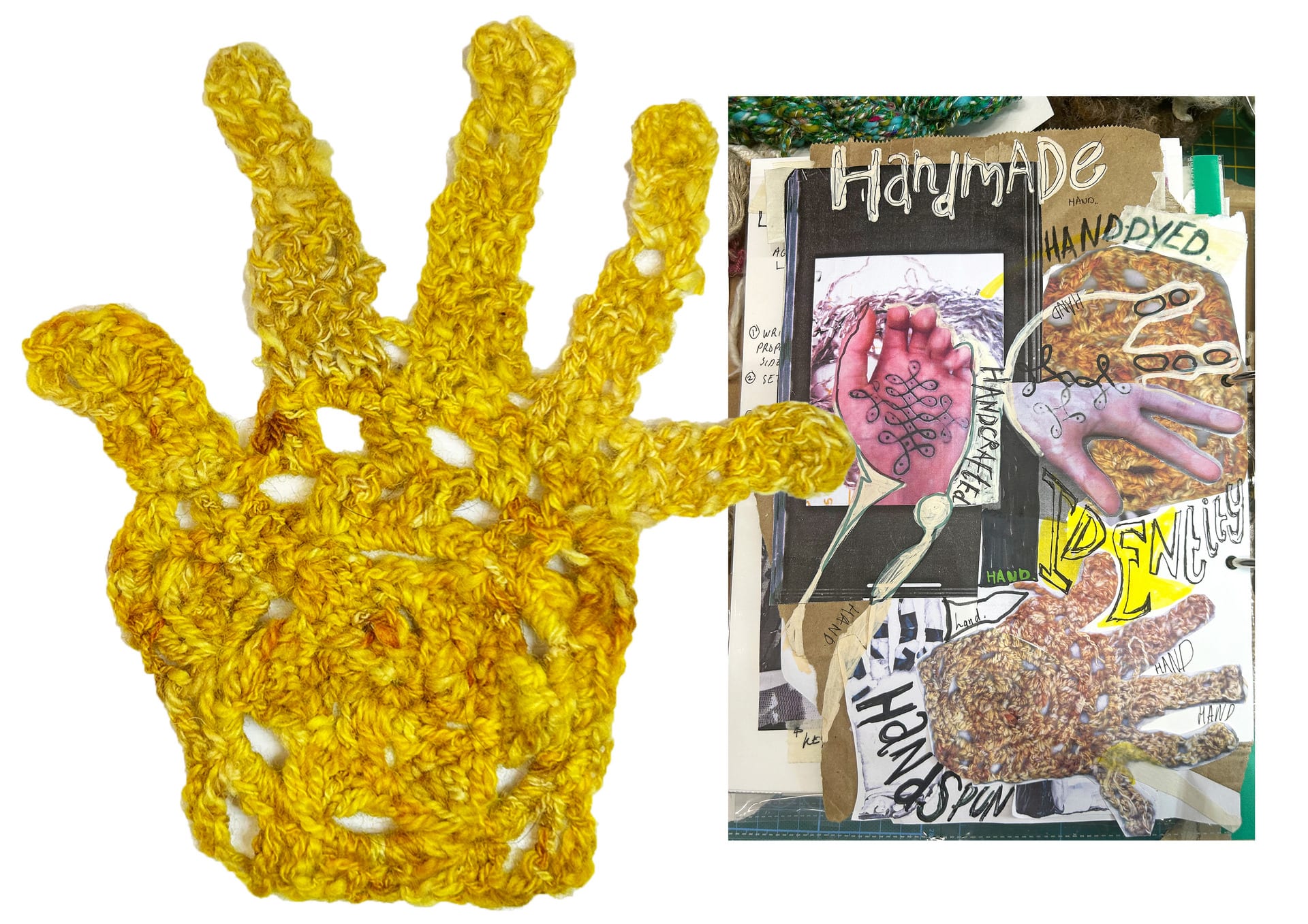 crocheted hand on left side. sketchbook collage of crochet hand and my hand on right.