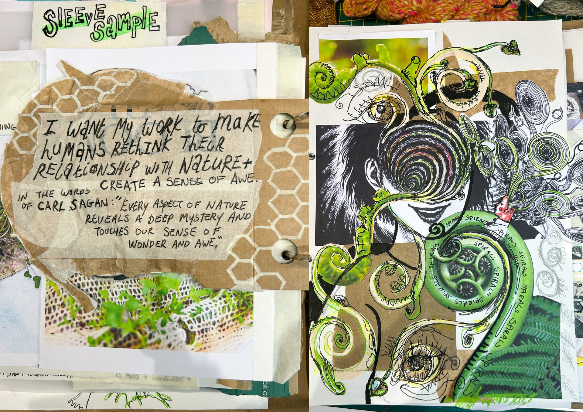 sketchbook close up. left has writing about nature; right collage of spirals in nature.