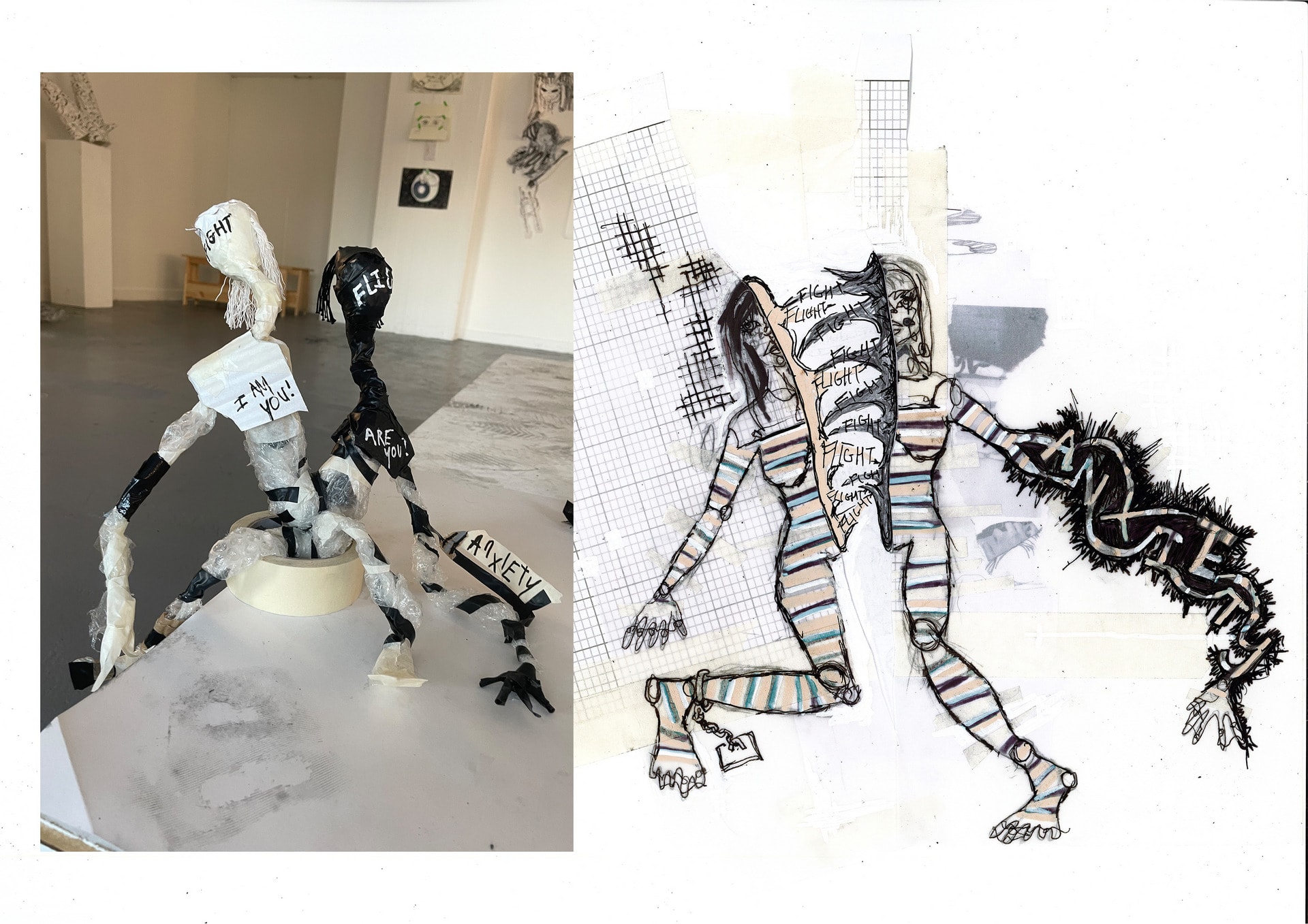 left: mixed media two headed 'fight or flight; soft sculpture; right: anxiety drawing that sculpture is based on.