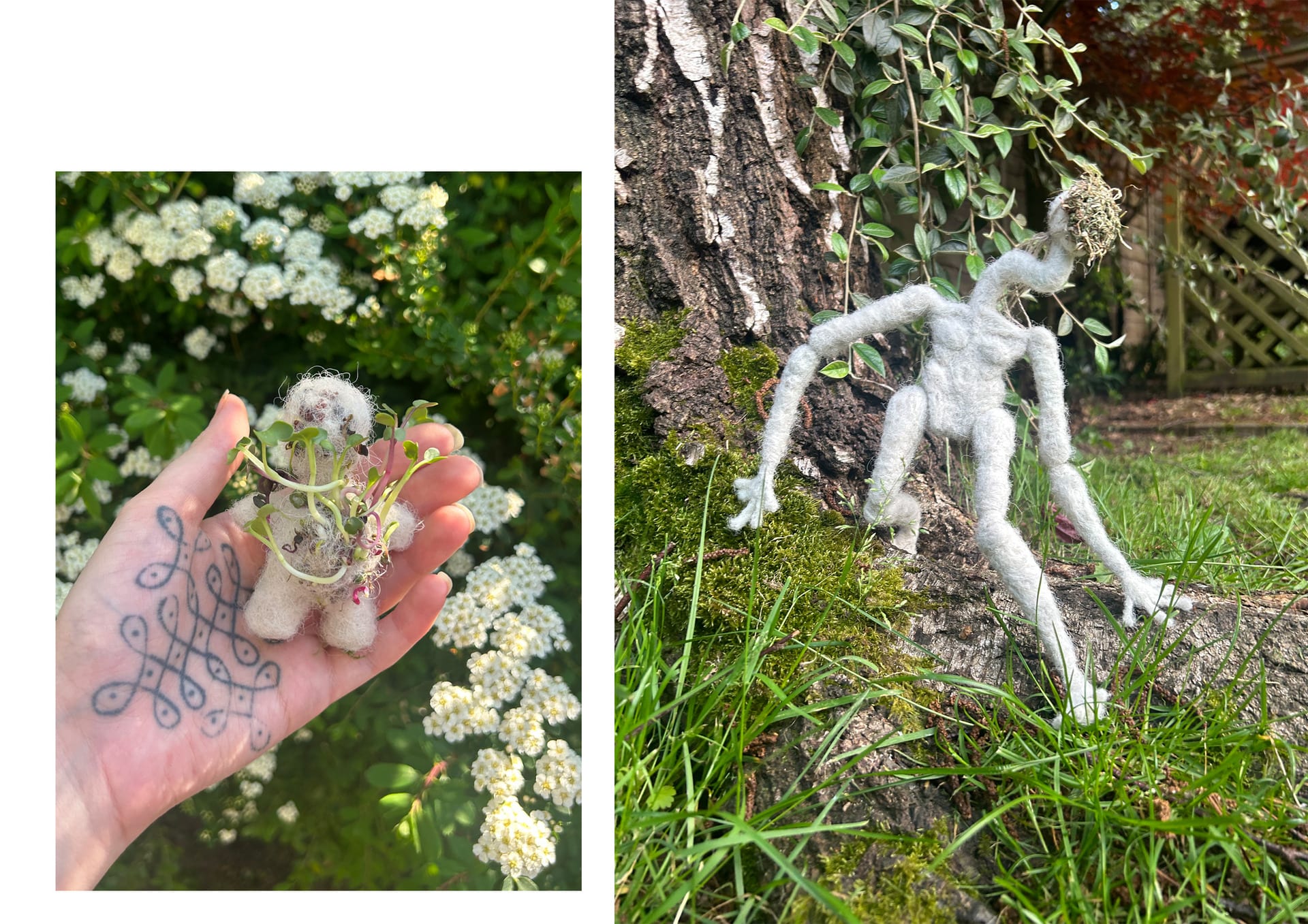 left: tattooed hand holding felt figure with plants growing out of it; right: mixed media sculpture of not quite human figure