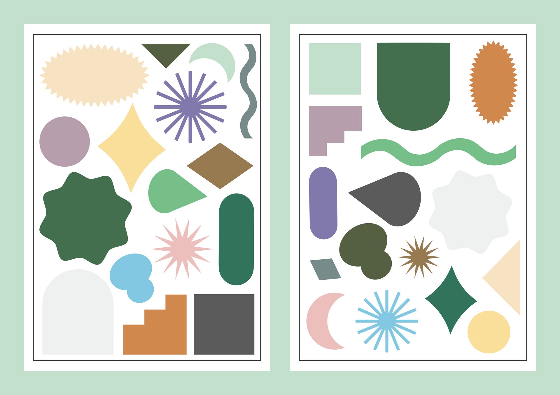 An image showing two custom Shape Play sticker sheets. The shapes are in mainly pale and pastel colors, and range in size.