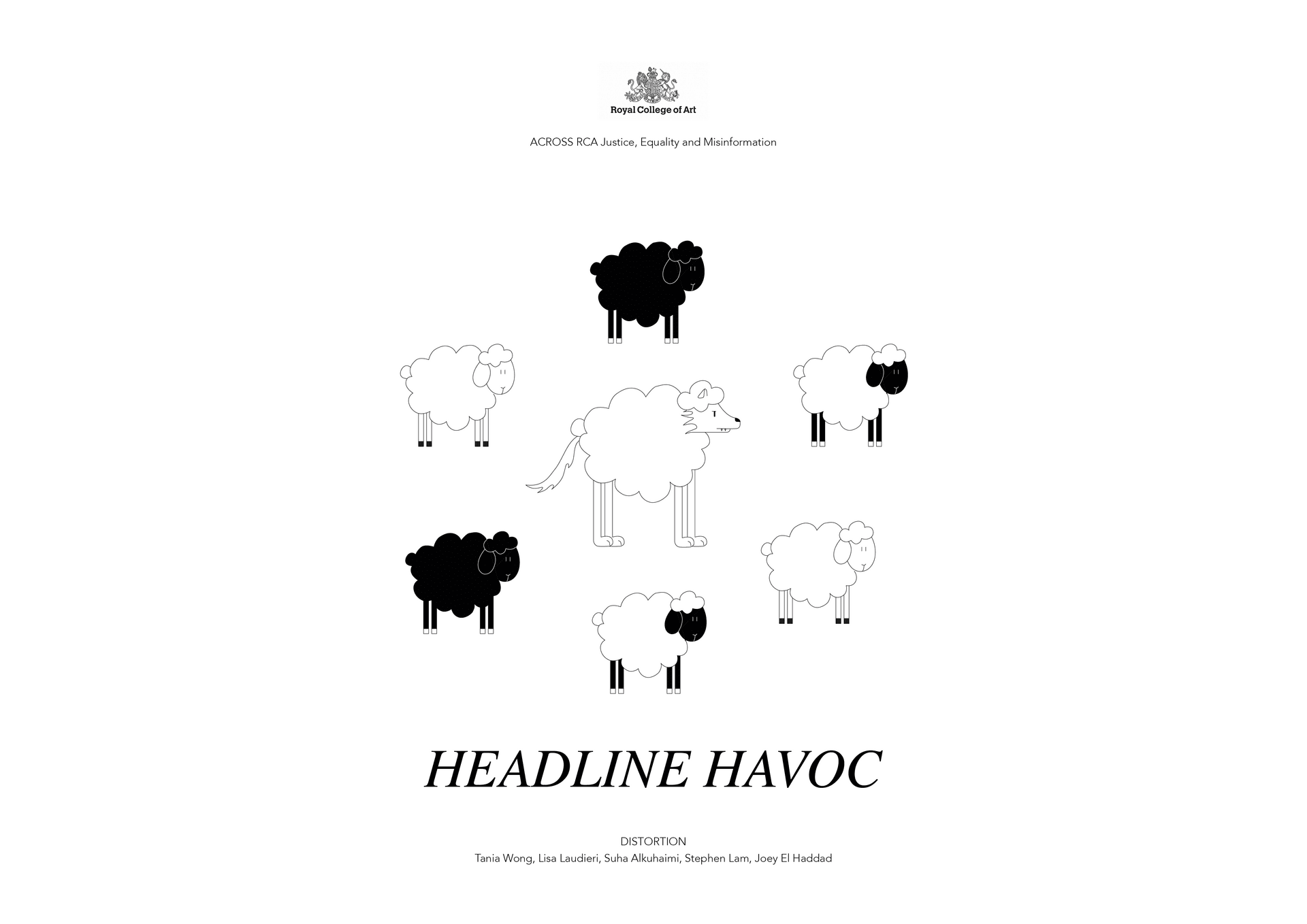 Wolf in sheepskin surrounded by a flock of sheep, Title reads "Headline Havoc"