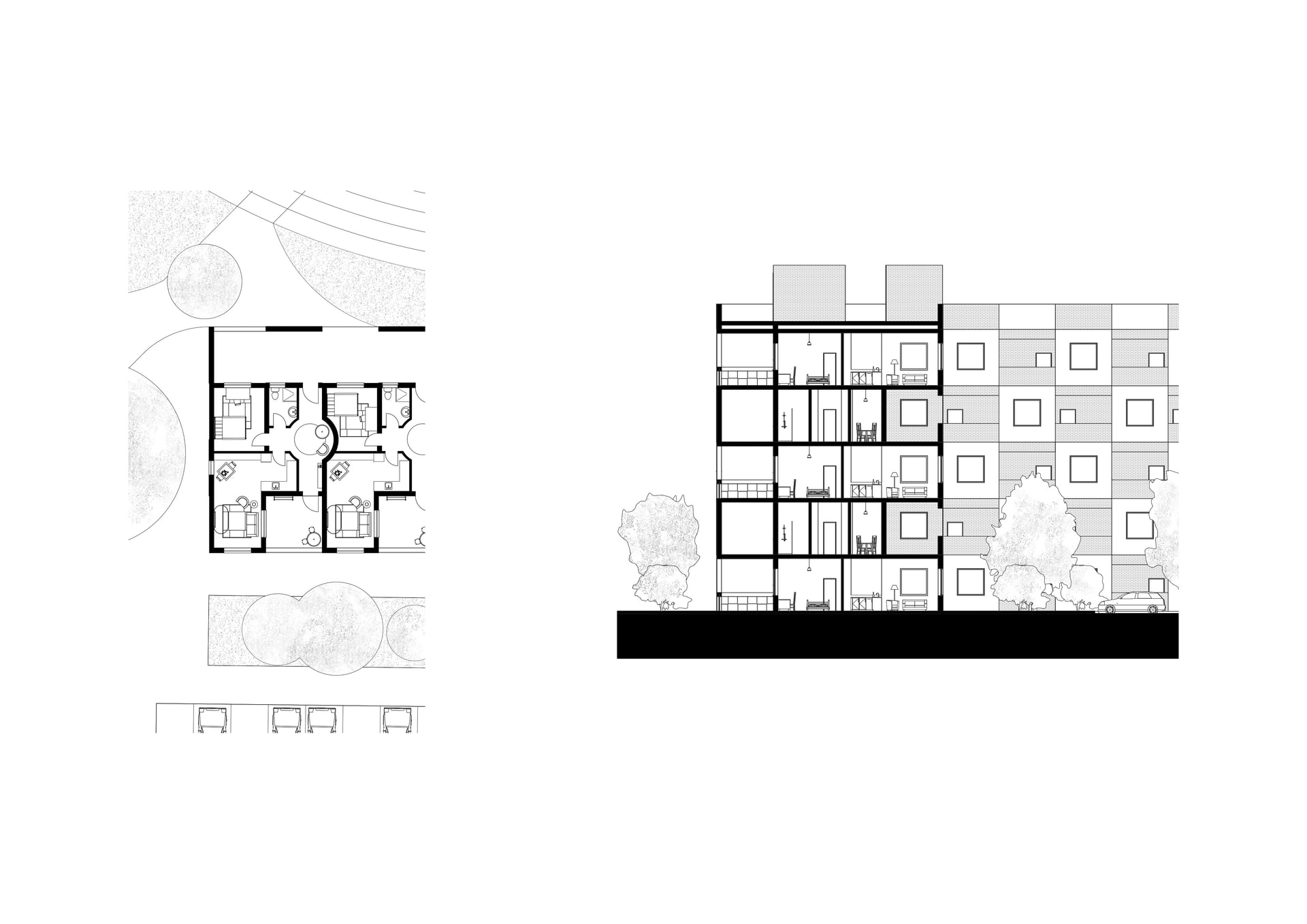 Plan and section through Southern block, 1:400 at A3, own work.