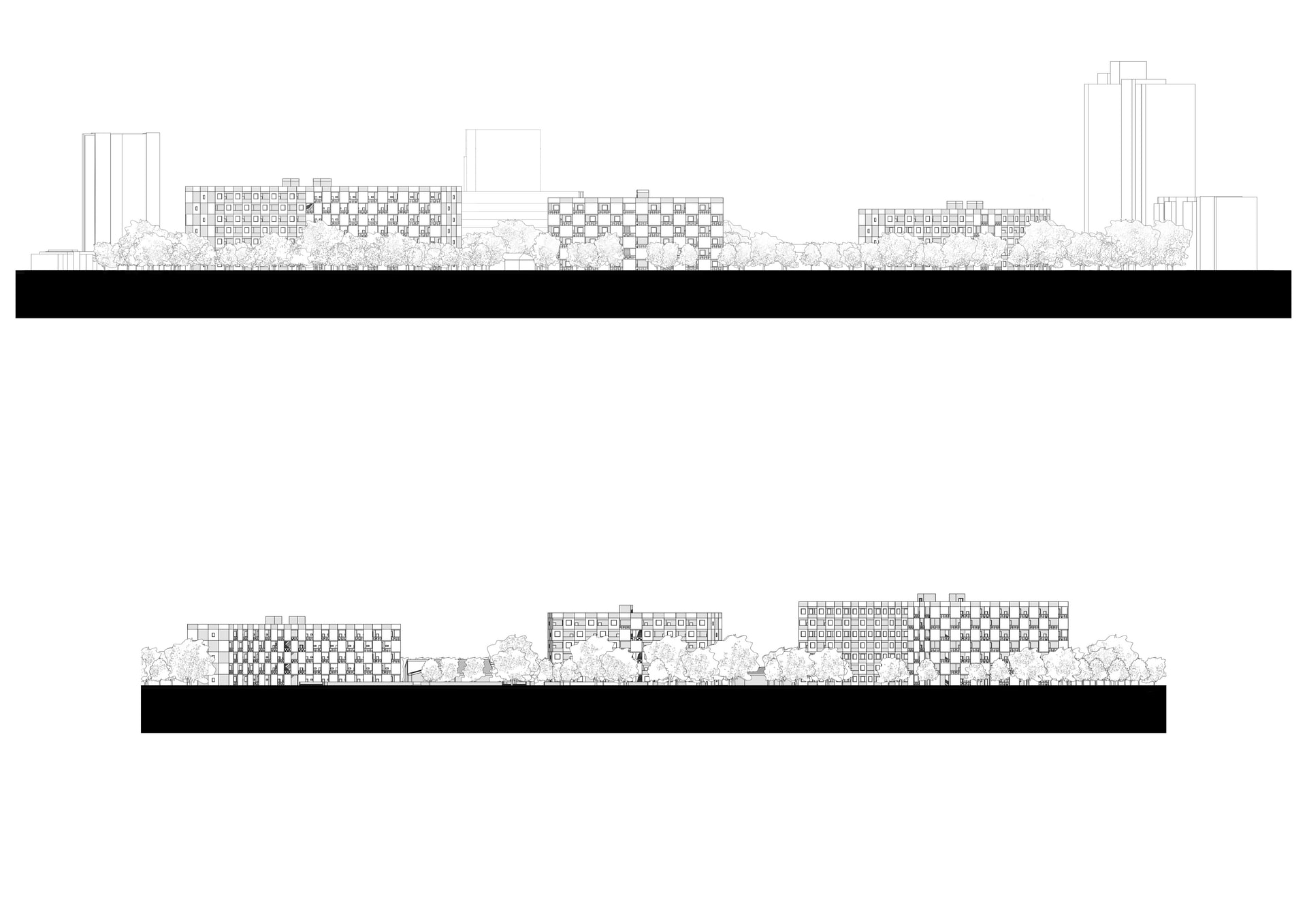 Western block facade elevations, 1:1000 at A3, own work.