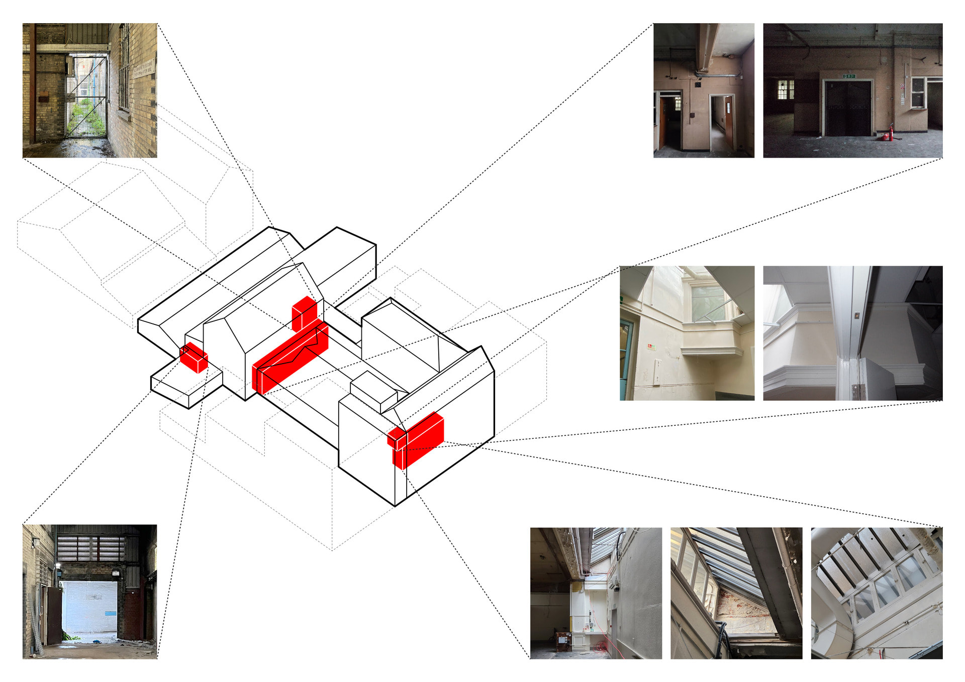 I was drawn to those elements which exist between buildings of two different periods, which don't fit in very well within the original historic building. These elements featured the informal adaptatio