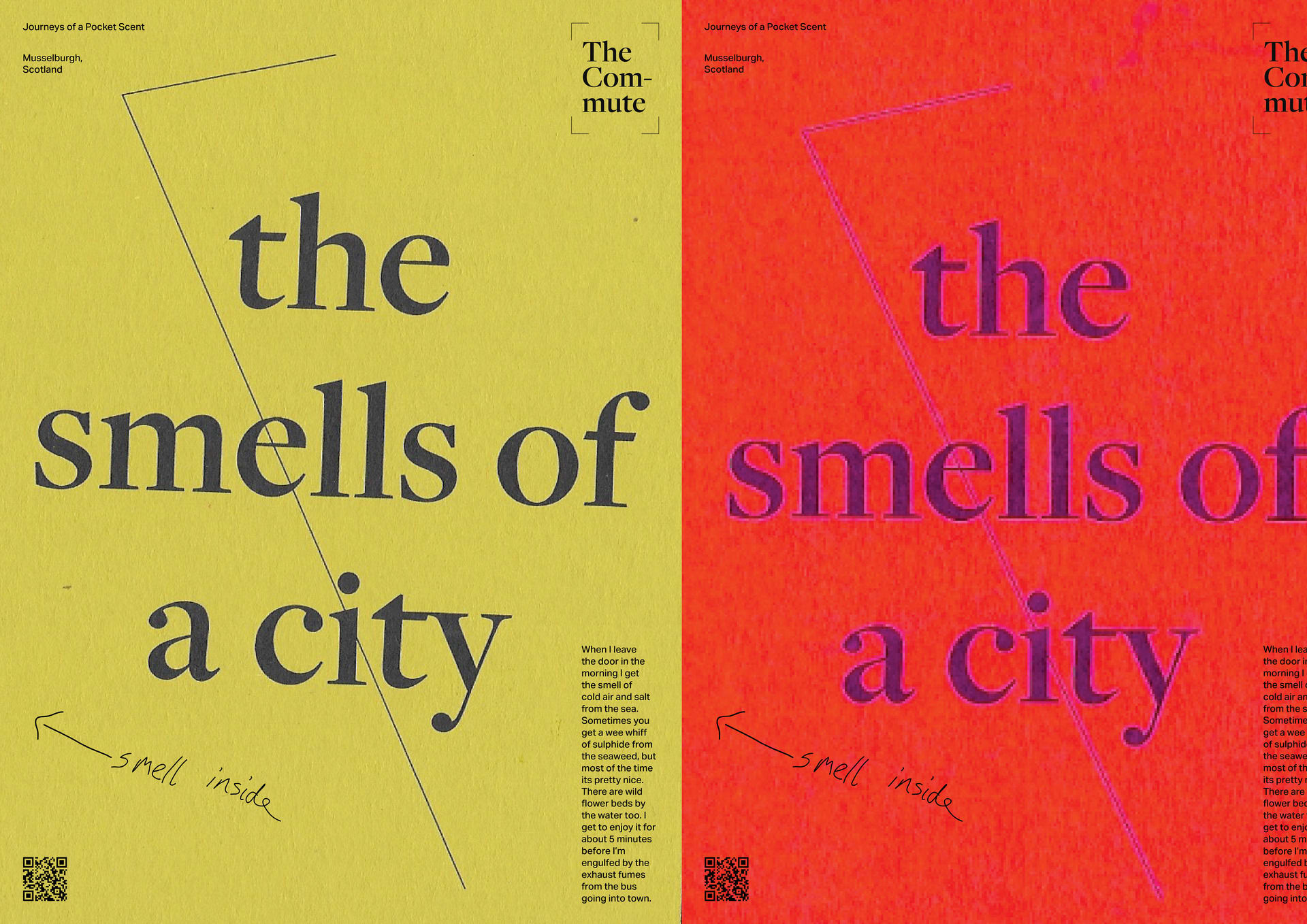 Two big posters in green and red titled 'the smells of a city'.