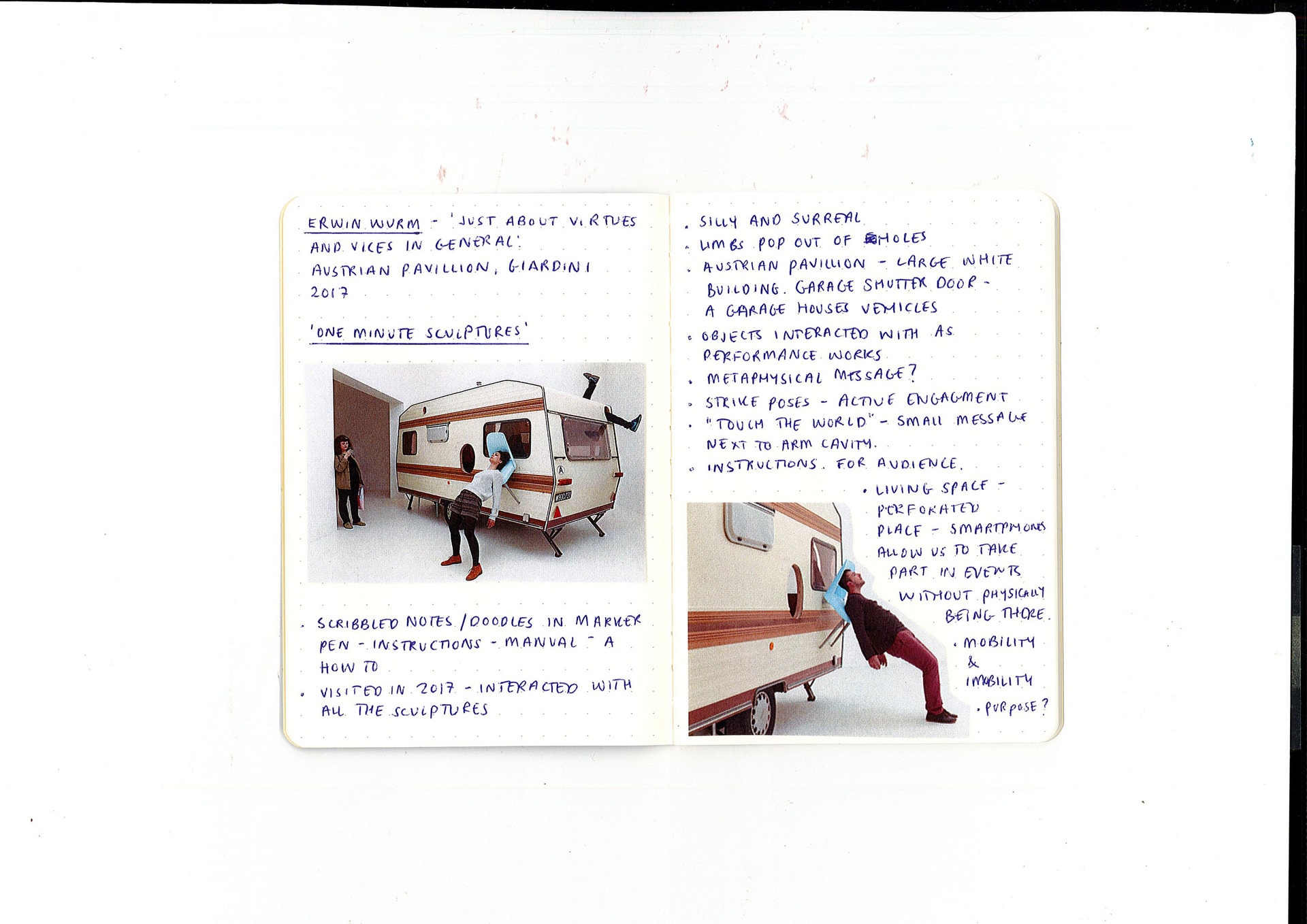 Scanned memo notebook with writing and images of Erwin Wurm’s, 'Just About Virtues and Vices in General' artwork.