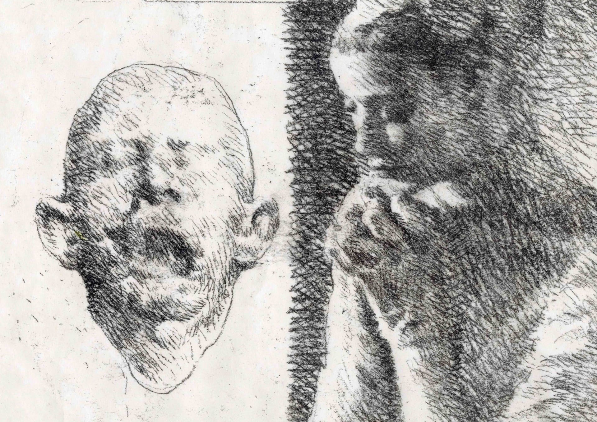 This image shows a detail of a print. The image features a woman making a handshake towards a horrific head.