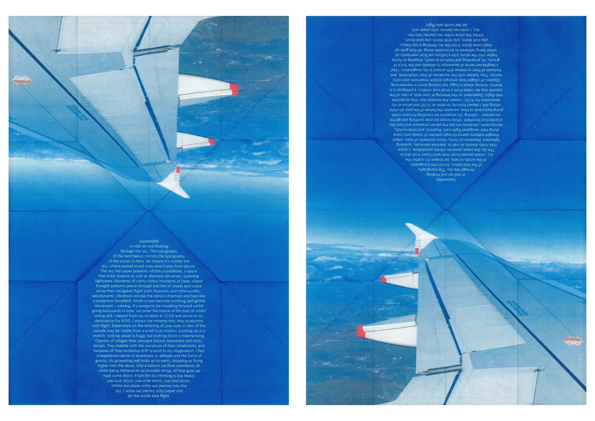 Scanned image of text and airplane, with fold marks from publications fold. 