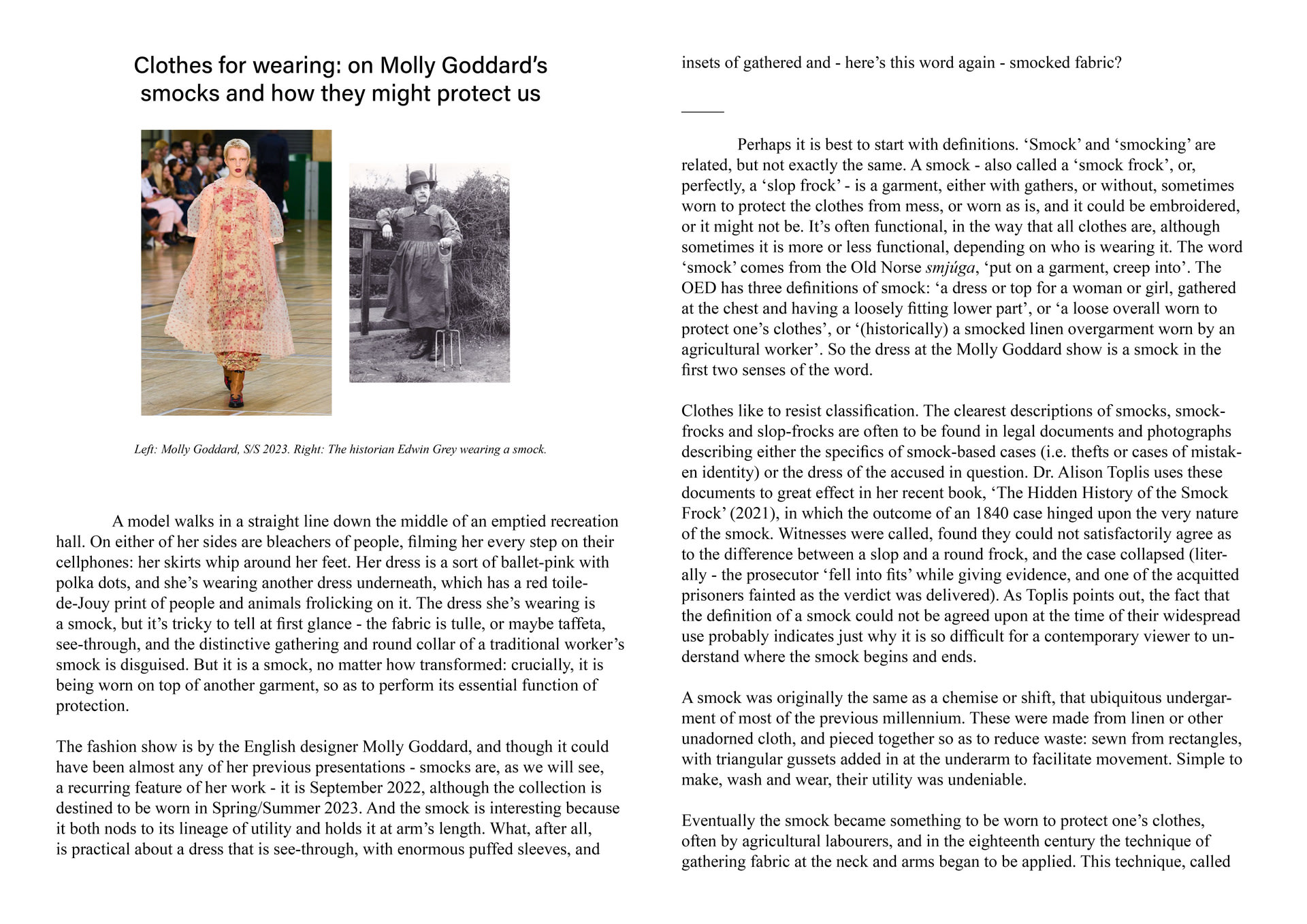 A page of the essay, Clothes for wearing, with two images of smocks. 