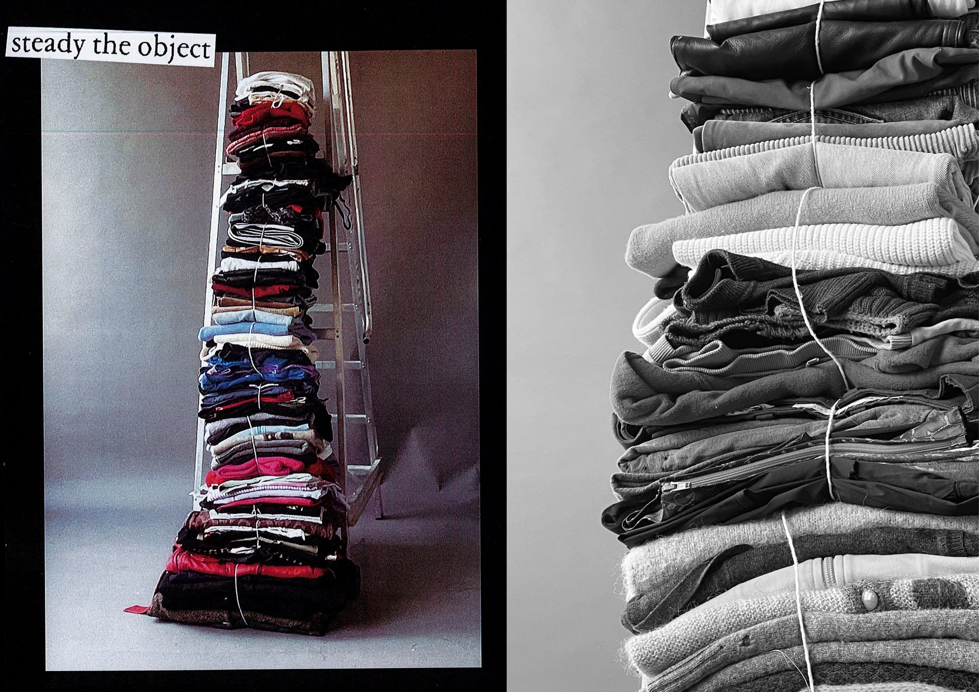 A stack of clothes representative of the Wardrobe Archive. All the garments owned by Justine. 