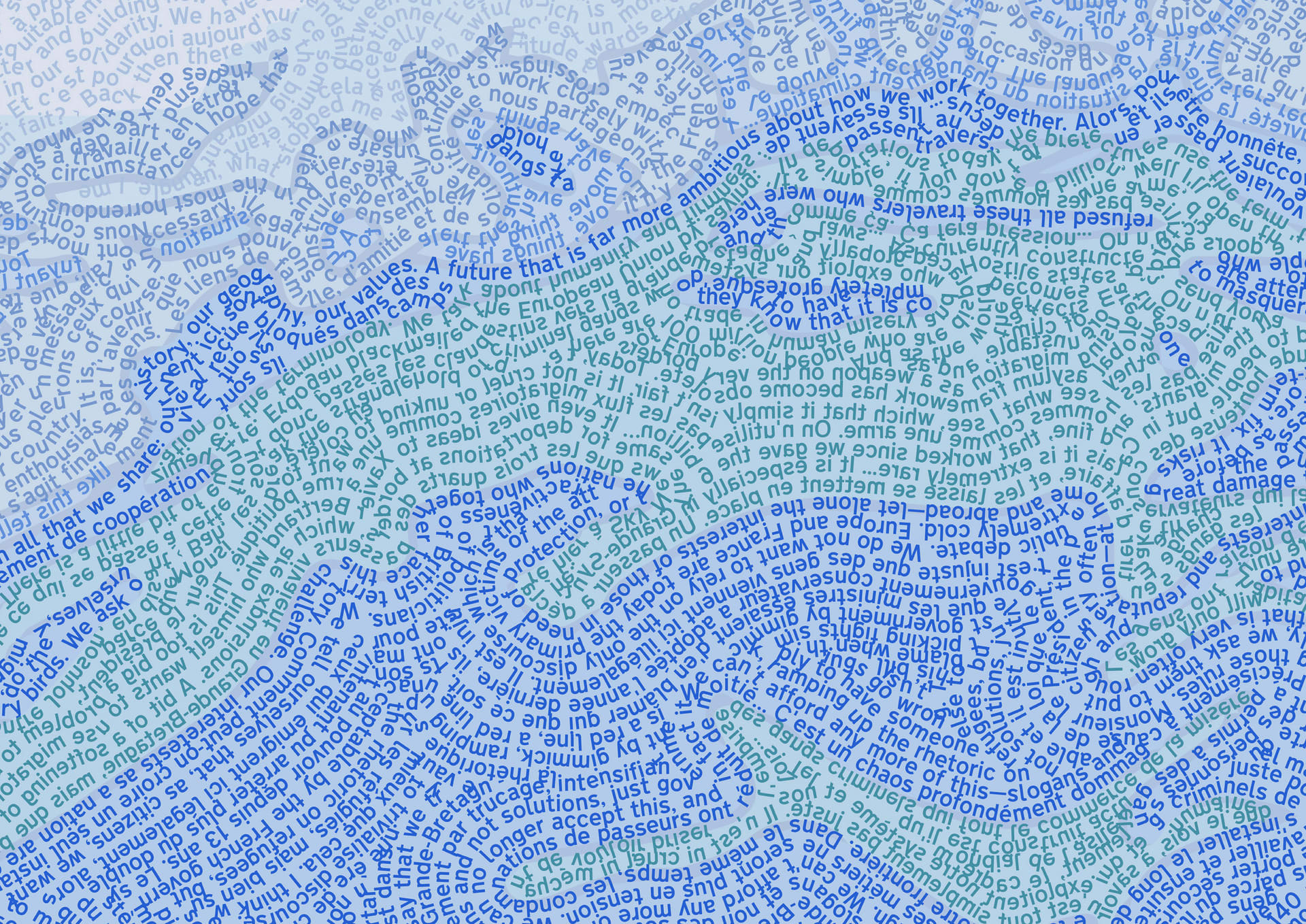 A digital design portraying the English Channel, the water comprising of massed text.