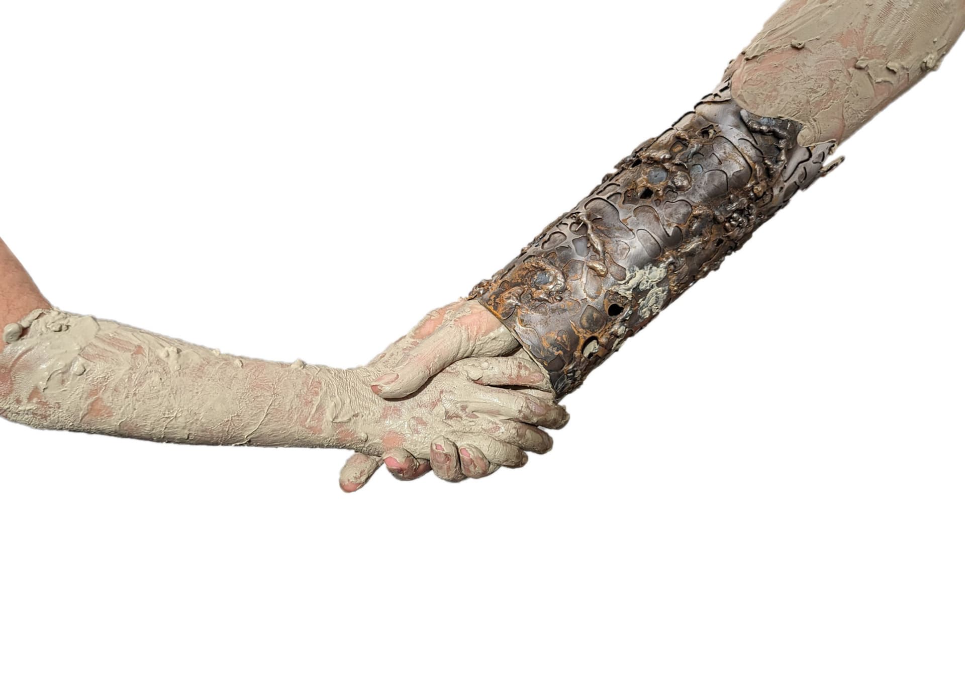 clay covered hand holding - mother and son