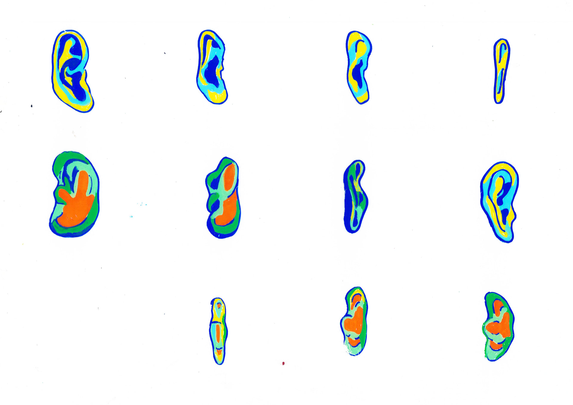 A set of still colour drawings of and ear rotating its axis.