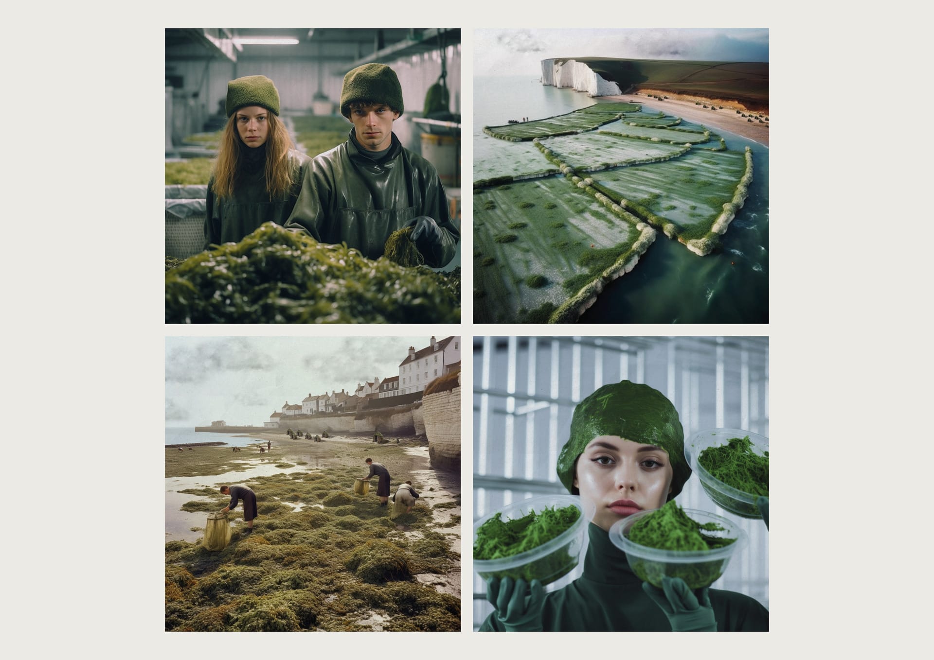 4 Images showing life around seaweed; beauty industry, coastline, harvesting, sorting