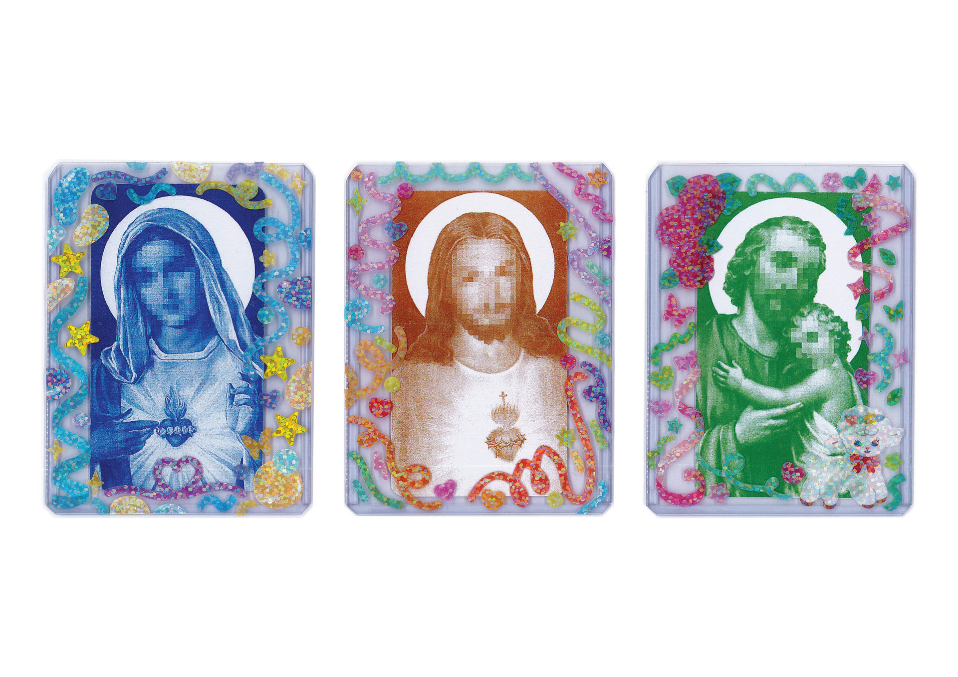 A poster with digital portraits of the Virgin Mary, Jesus Christ, and St. Joseph