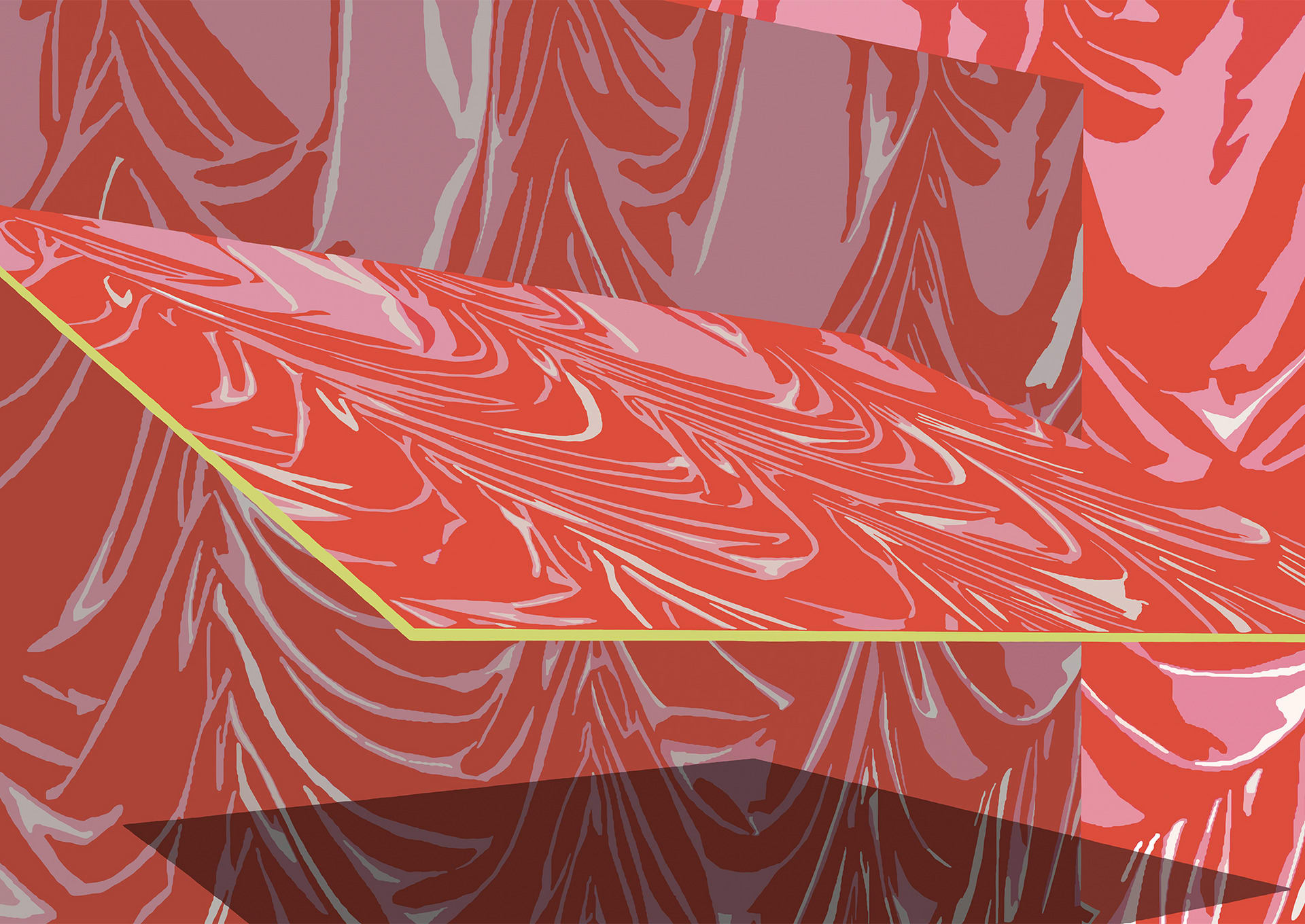 Levitating planes of vibrant abstracted curtain folds of red, pink and yellow