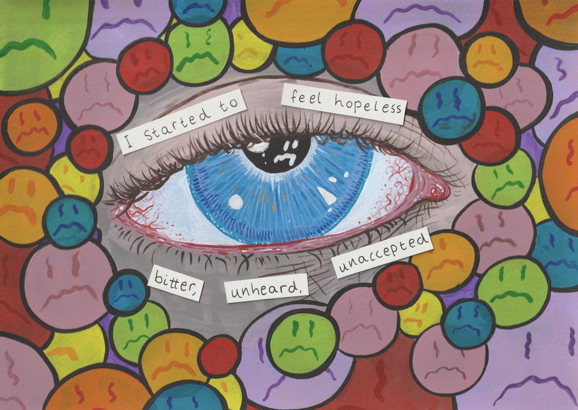 Bright colourful drawing of an eye that says "I started to feel hopeless, bitter, unheard, unaccepted"