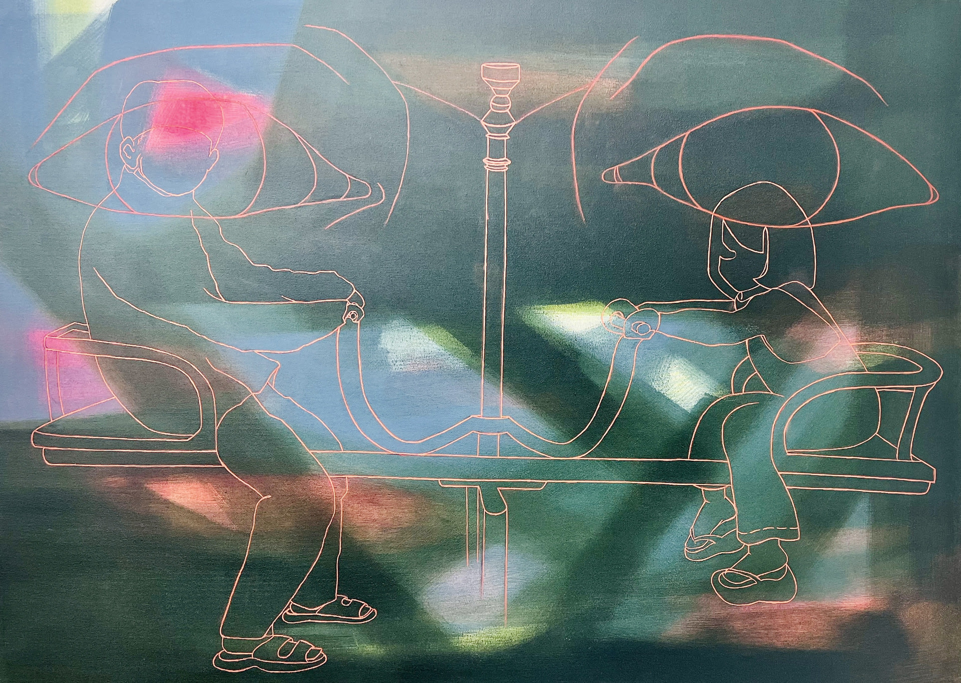 line drawing of two figures on a seesaw and eyes forming a face against an abstract background