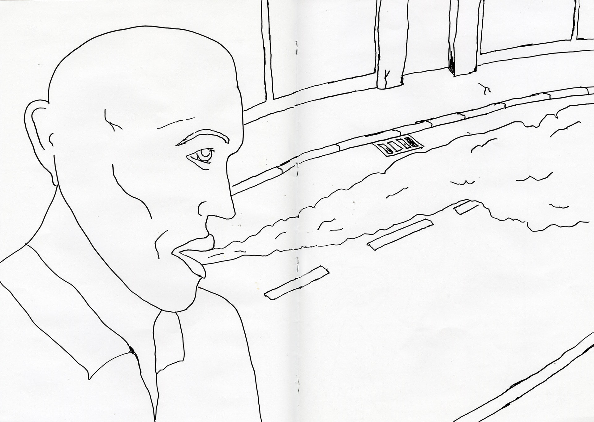 drawing of a bald man breathing in smoke