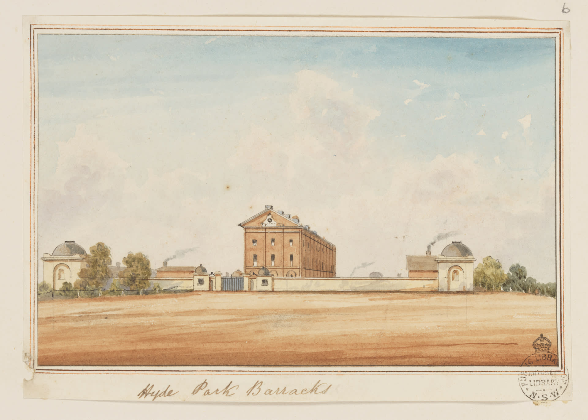 A watercolour painting of Hyde Park Barracks in colonial Sydney. The sky is blue and the ground is orange.
