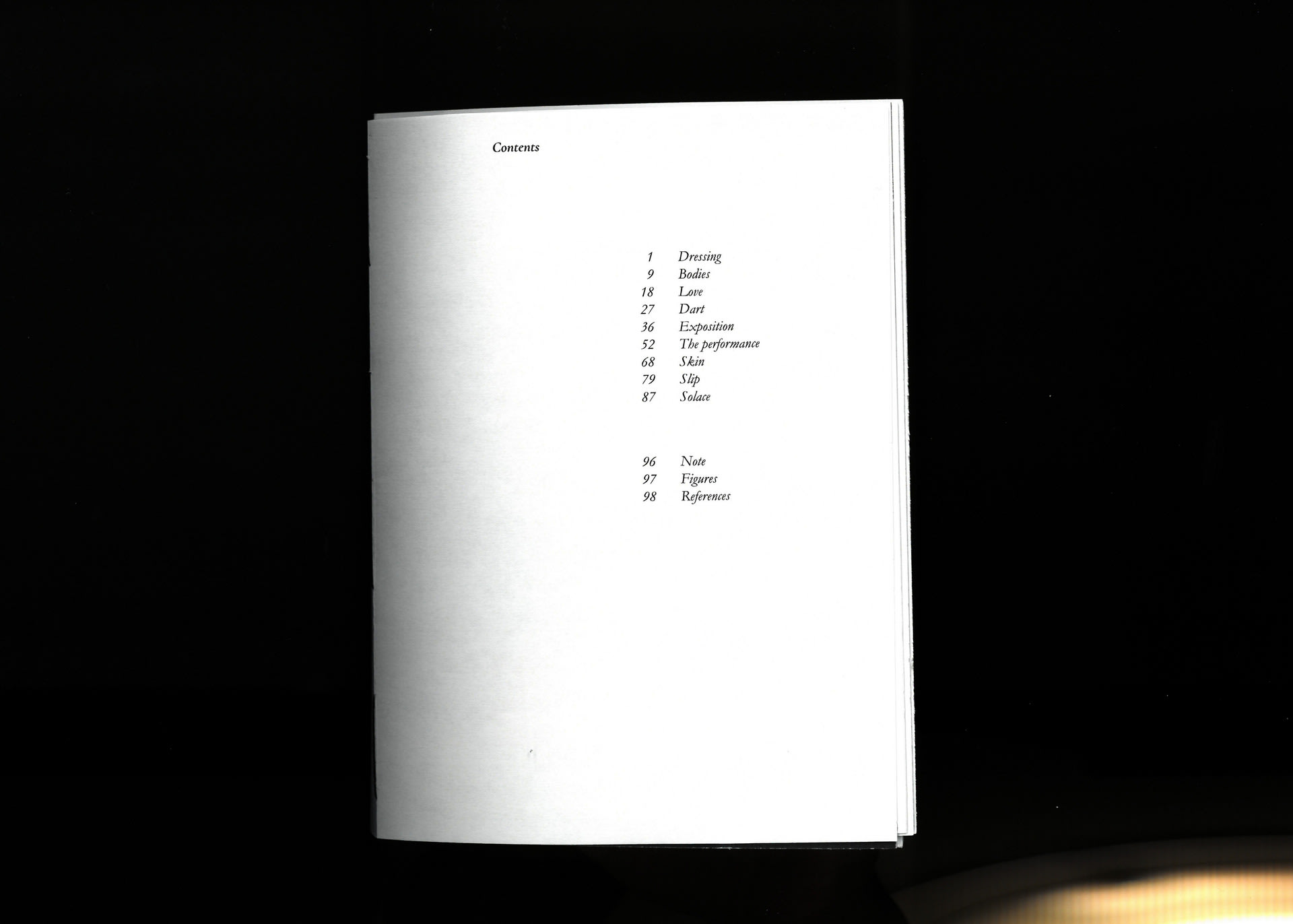 Scanned book page with a contents list: Dressing, Bodies, Love, Dart, Exposition, The performance, Slip, Skin, Solace