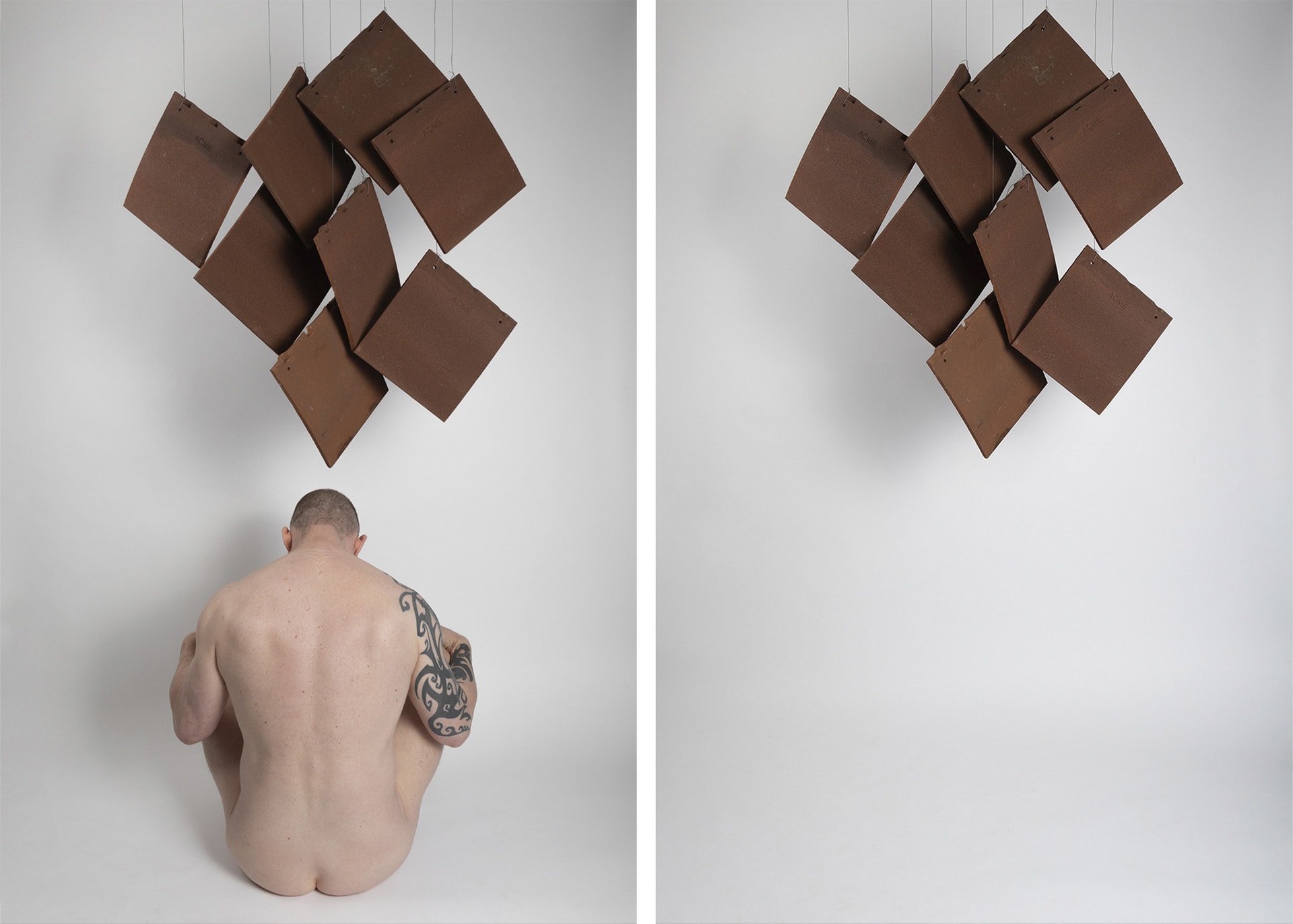 A body from behind sitting on the floor beneath suspended roof tiles beside the same image without the body